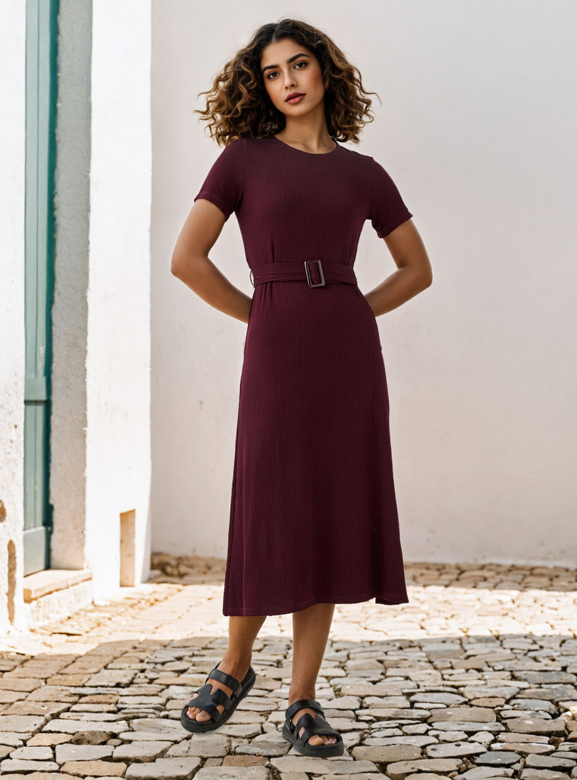 فستان ميدي مضلع بحزام قابل للفصل-women-clothing-dresses-image-2