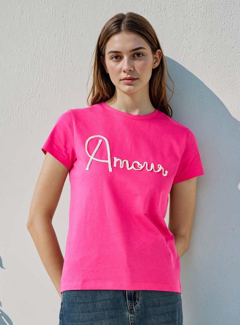 Applique Detail Crew Neck T-shirt-women-clothing-tshirts-image-1