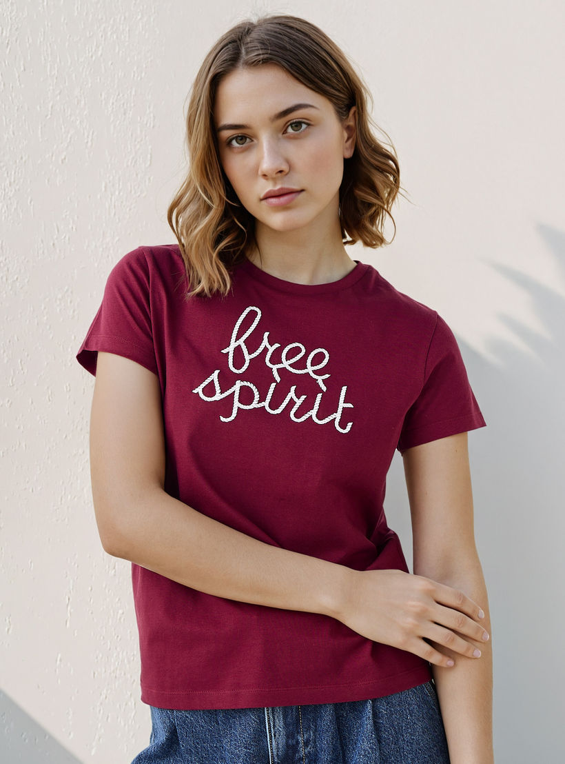 Embroidered Crew Neck T-shirt-women-clothing-tshirts-image-1