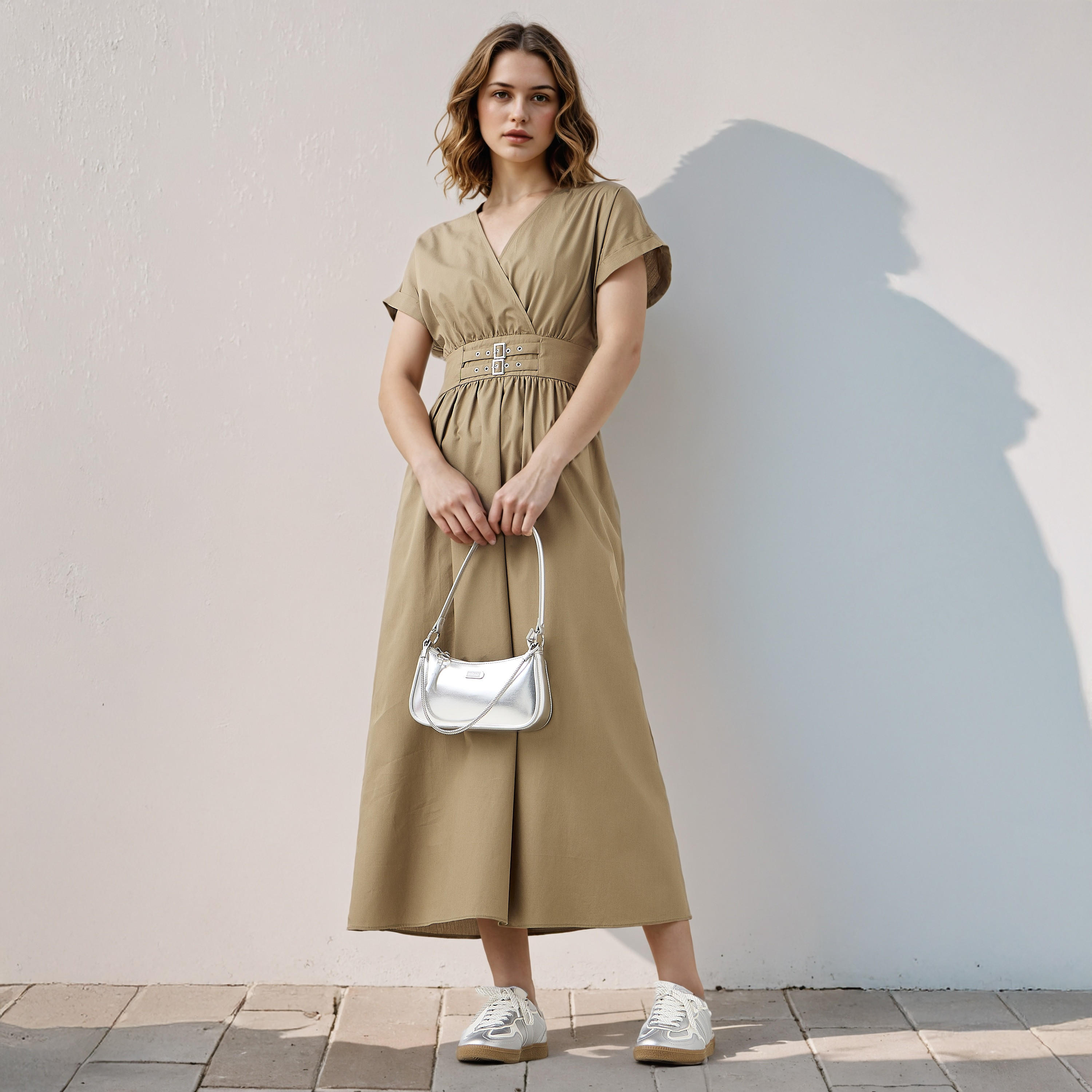 Belt Accent V-neck Maxi Cotton Dress-women-clothing-dresses-image-1