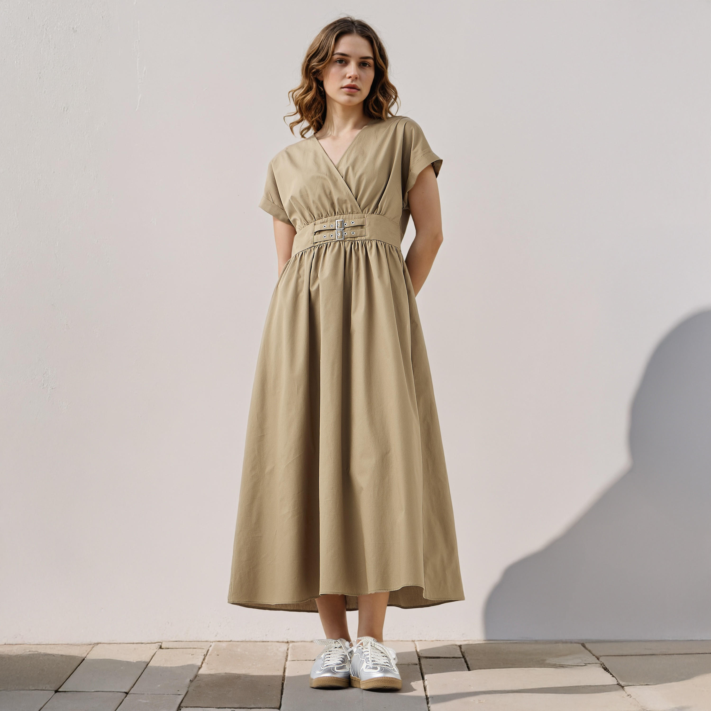 Belt Accent V-neck Maxi Cotton Dress-women-clothing-dresses-image-2