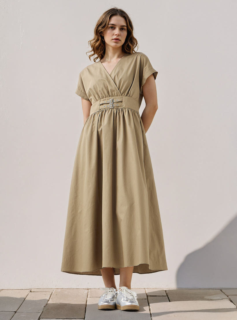 Belt Accent V-neck Maxi Cotton Dress-women-clothing-dresses-image-2