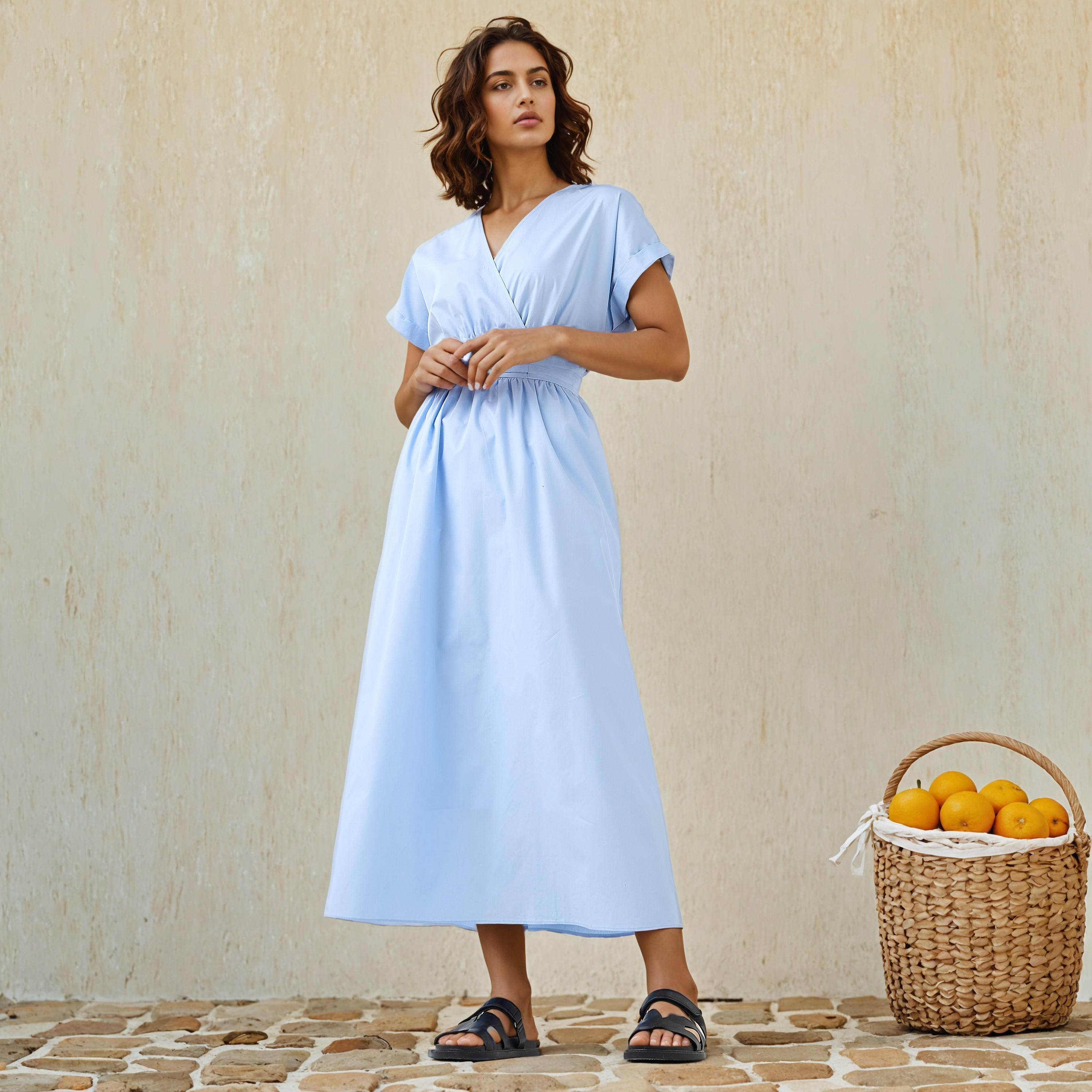 Belt Accent V-neck Maxi Cotton Dress-women-clothing-dresses-image-2