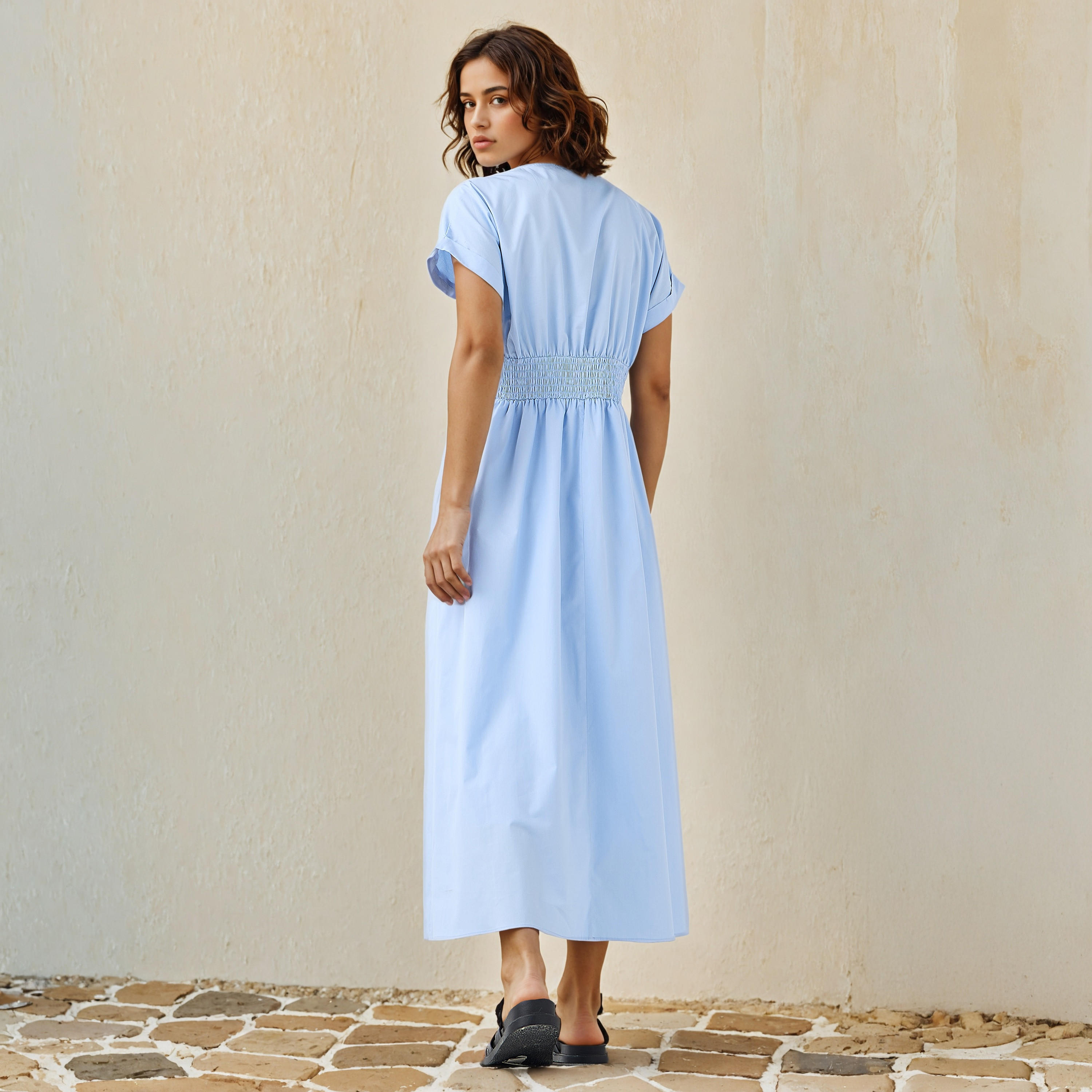 Belt Accent V-neck Maxi Cotton Dress-women-clothing-dresses-image-3