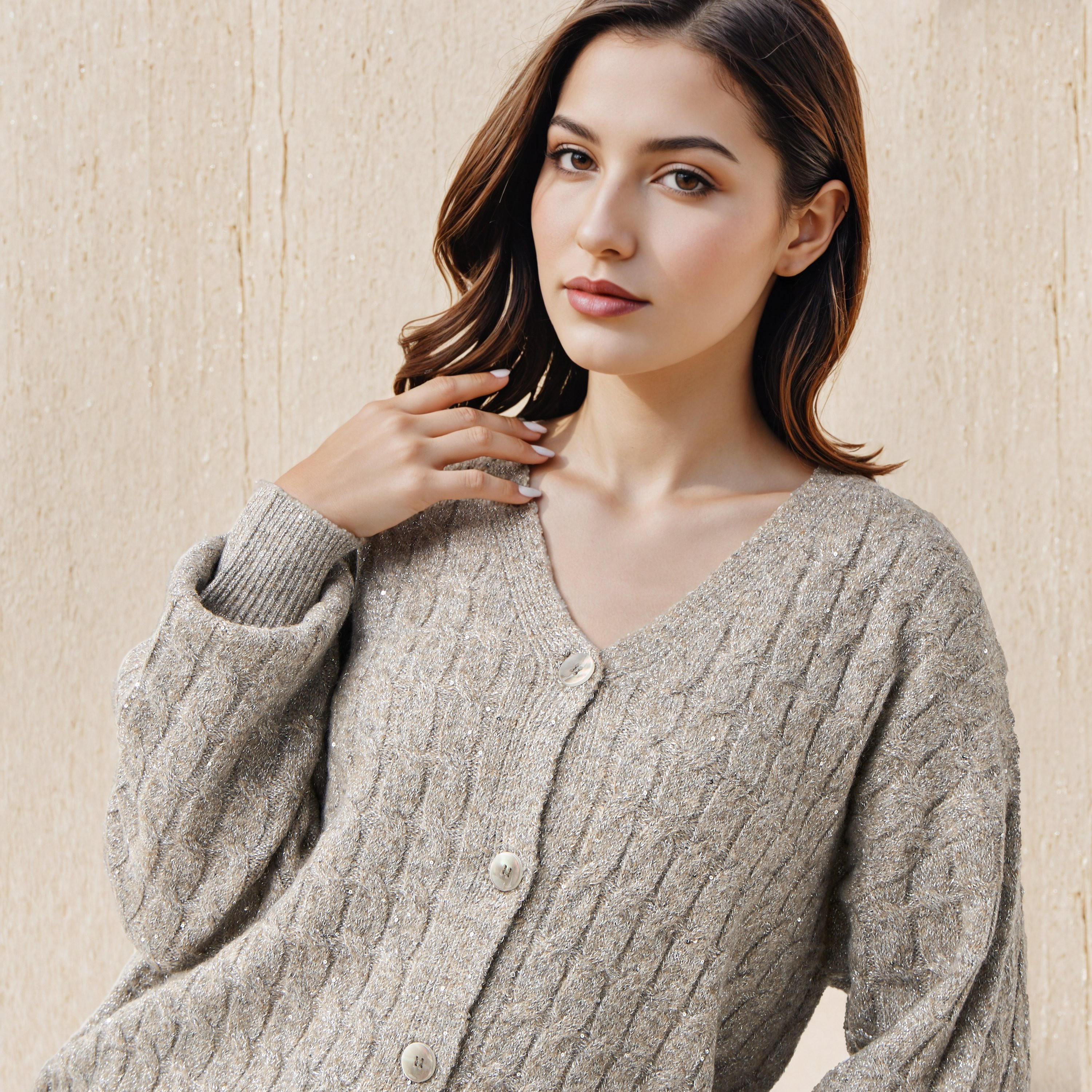 Cable Knit Sequinned V-neck Cardigan-women-winterwear-cardigansandjumpers-cardigans-image-5