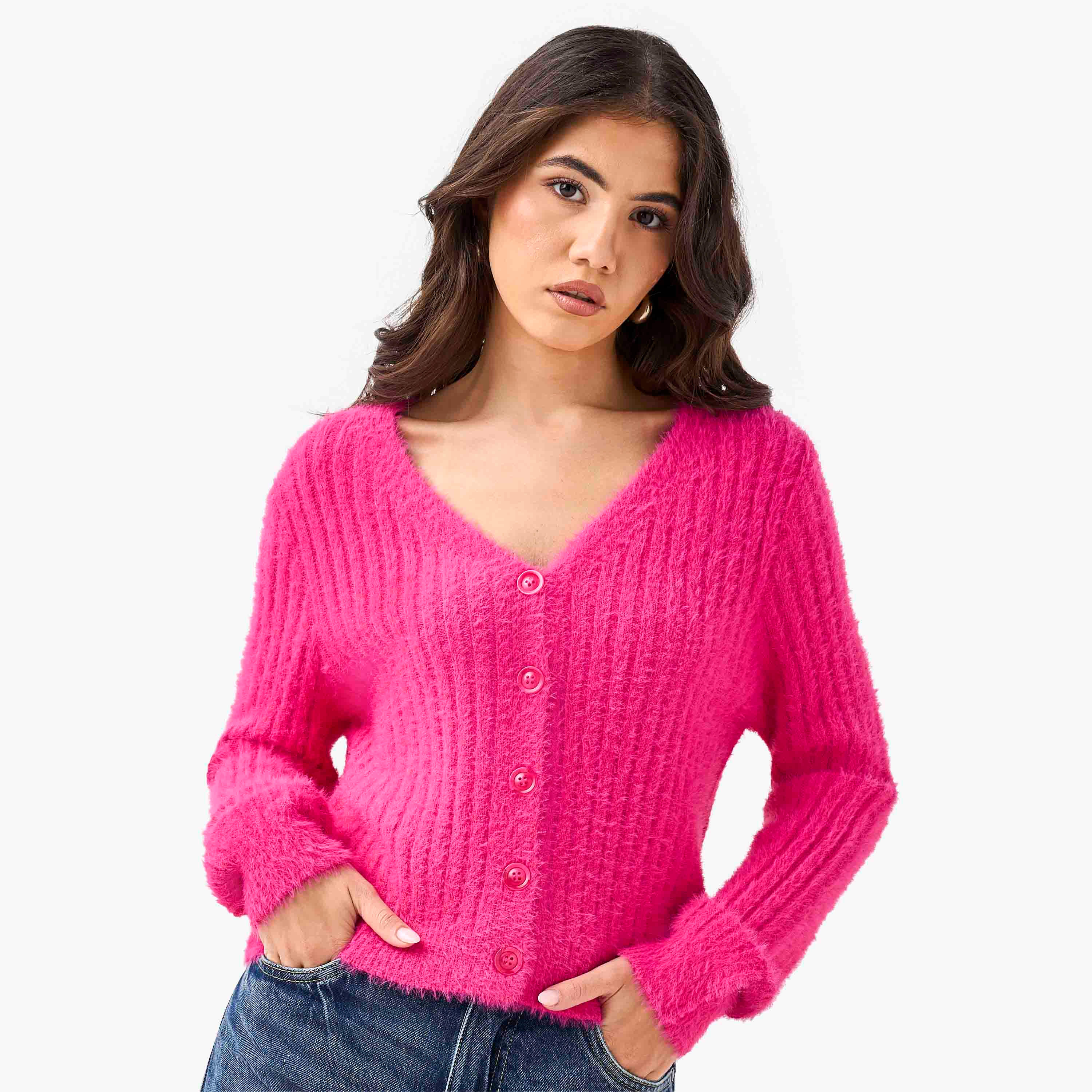 Regular Fit Textured V-neck Cardigan-women-winterwear-cardigansandjumpers-cardigans-image-1