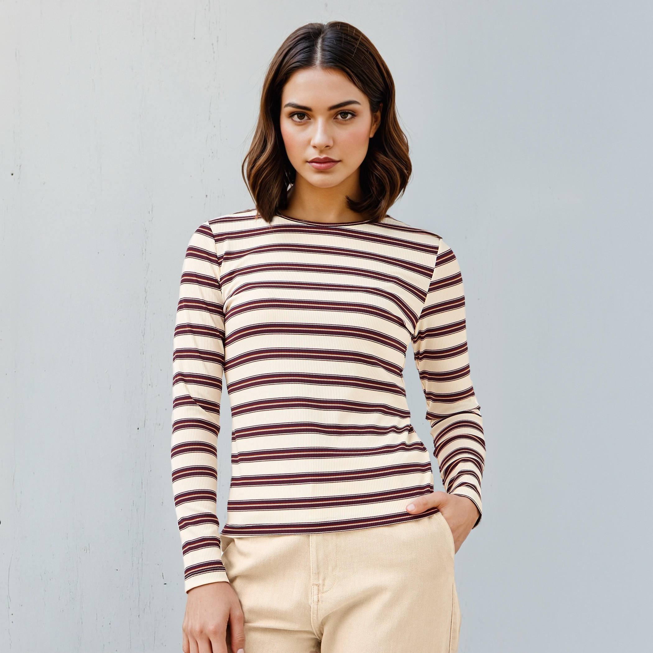 Striped Crew Neck T-shirt with Long Sleeves-women-clothing-tshirts-image-1