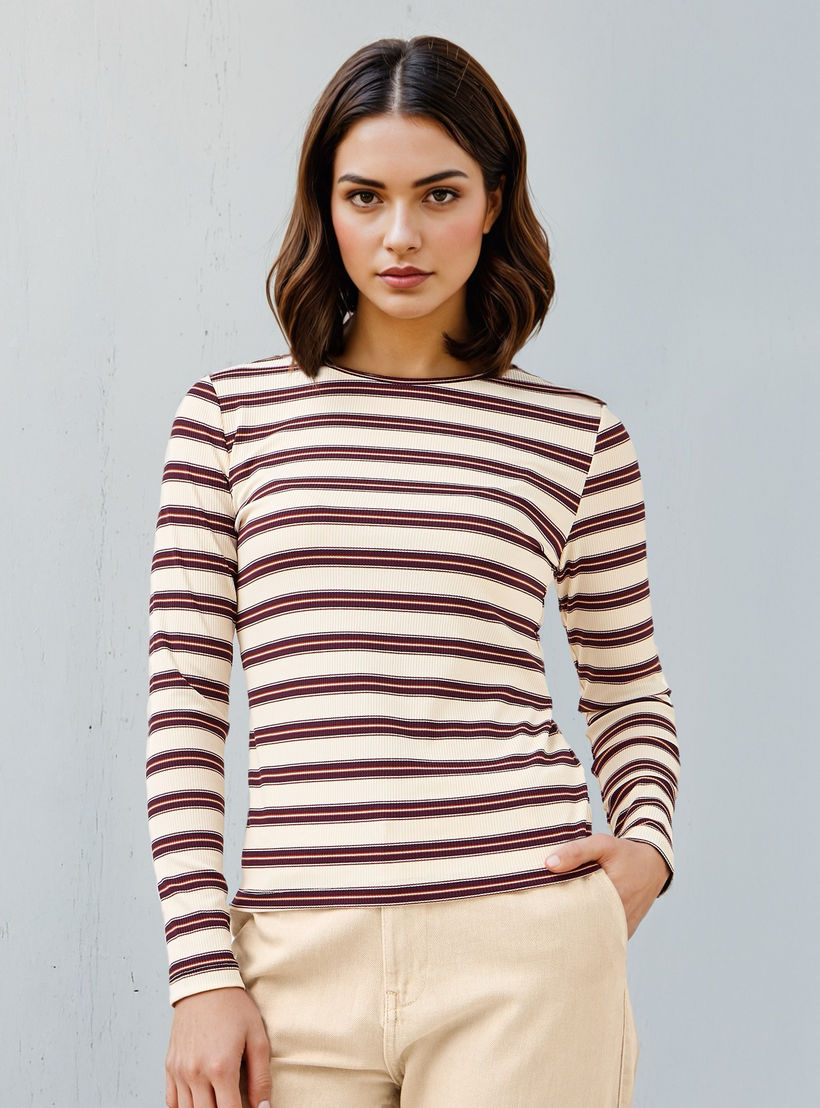Striped Crew Neck T-shirt with Long Sleeves-women-clothing-tshirts-image-1