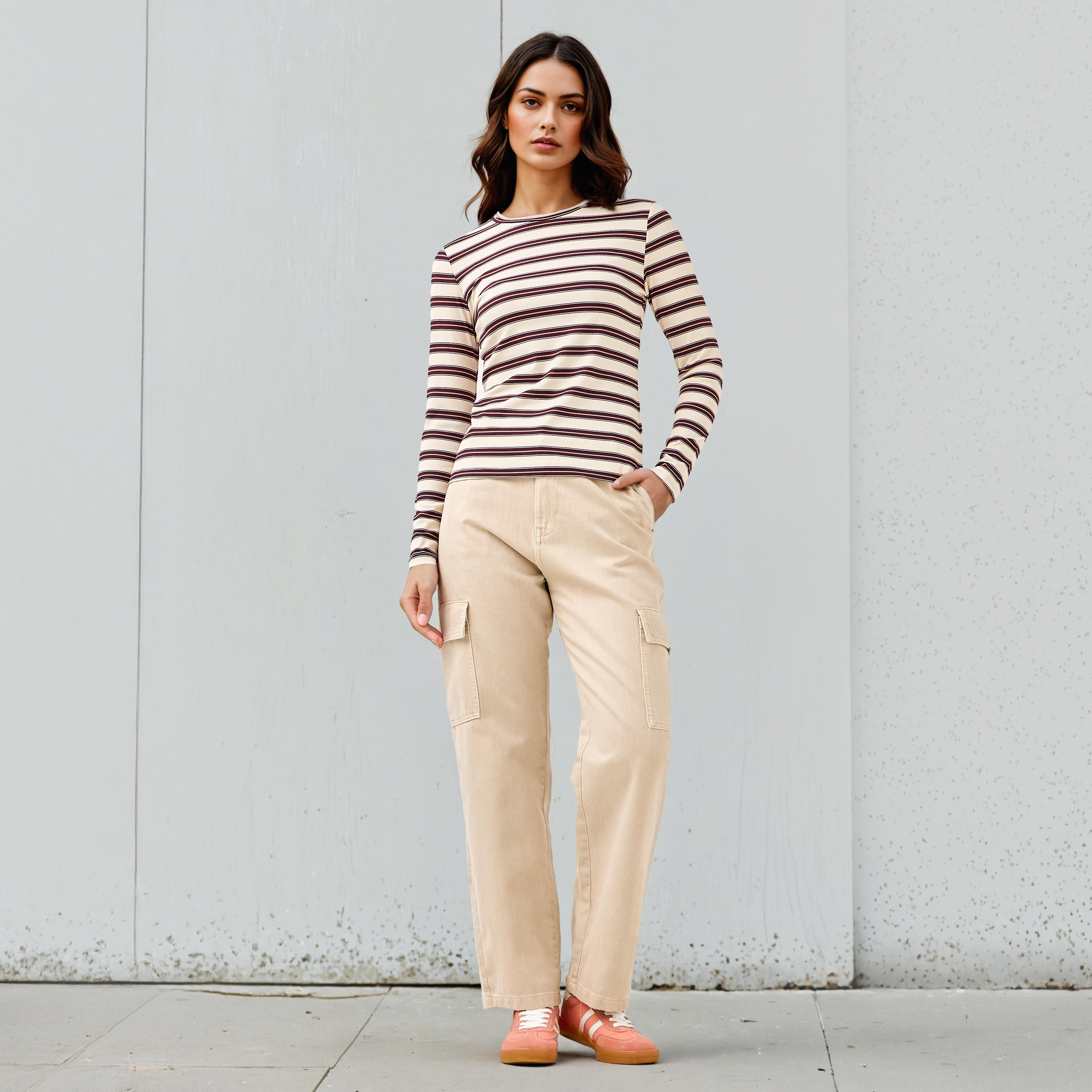 Striped Crew Neck T-shirt with Long Sleeves-women-clothing-tshirts-image-2