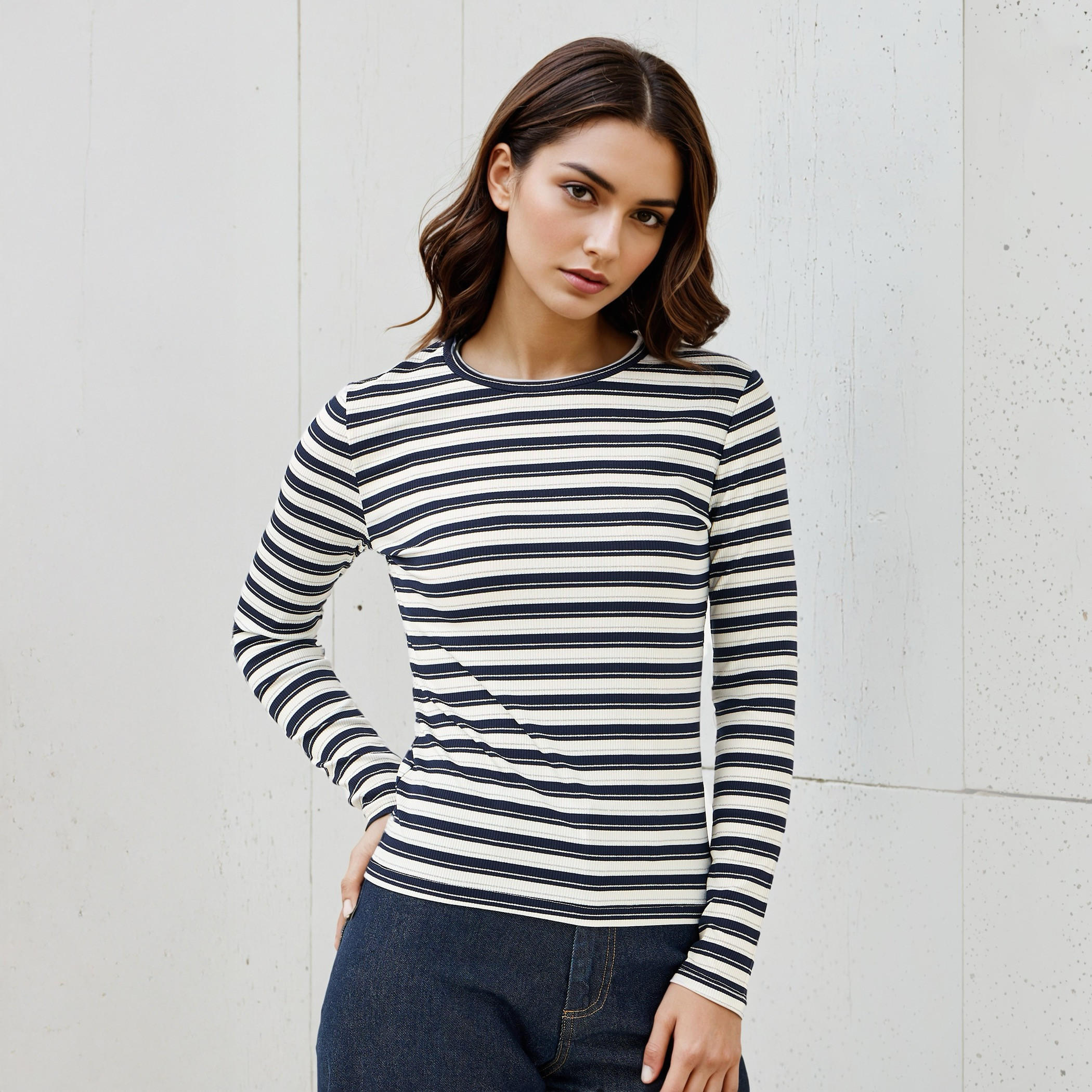 Striped Crew Neck T-shirt with Long Sleeves-women-clothing-tshirts-image-1