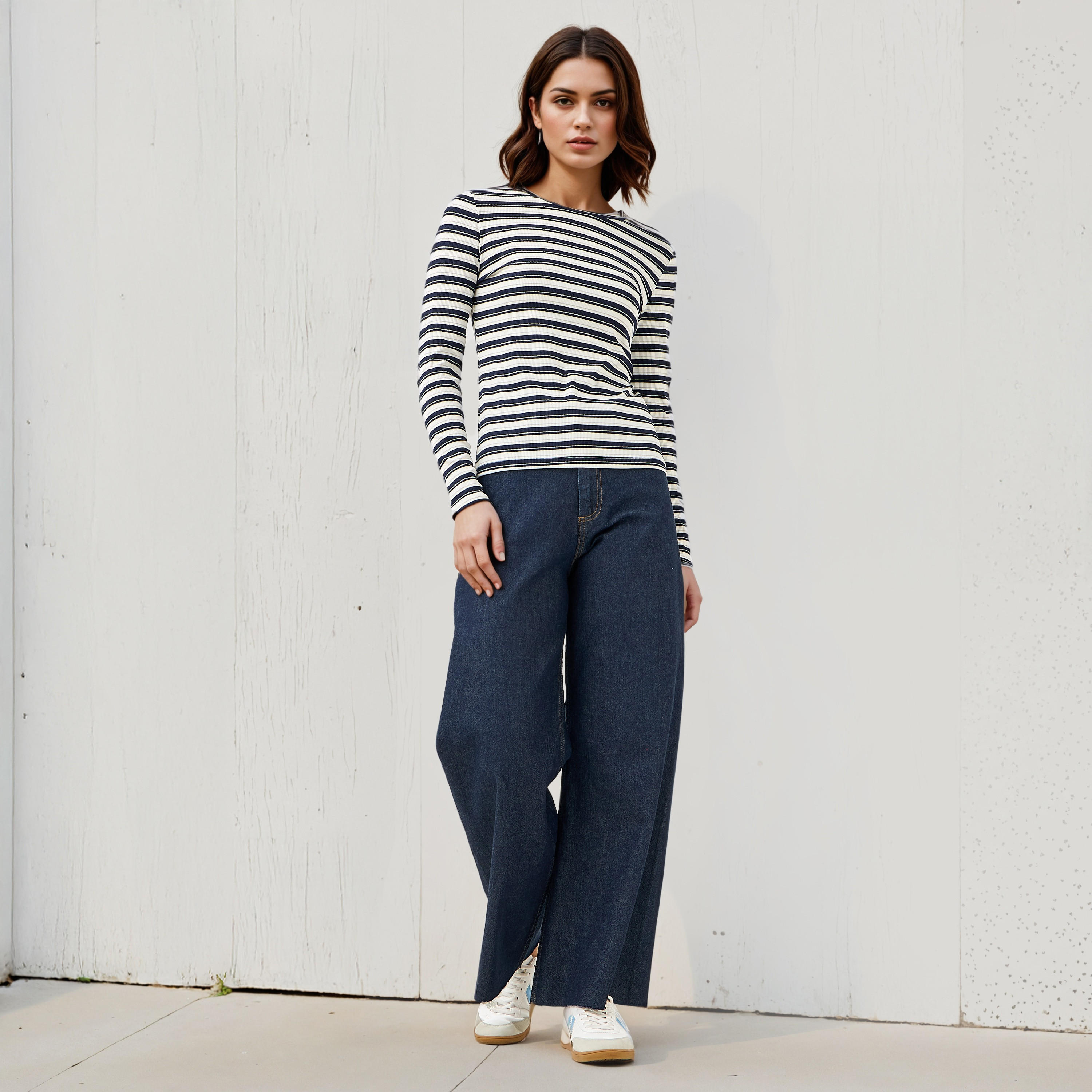 Striped Crew Neck T-shirt with Long Sleeves-women-clothing-tshirts-image-2