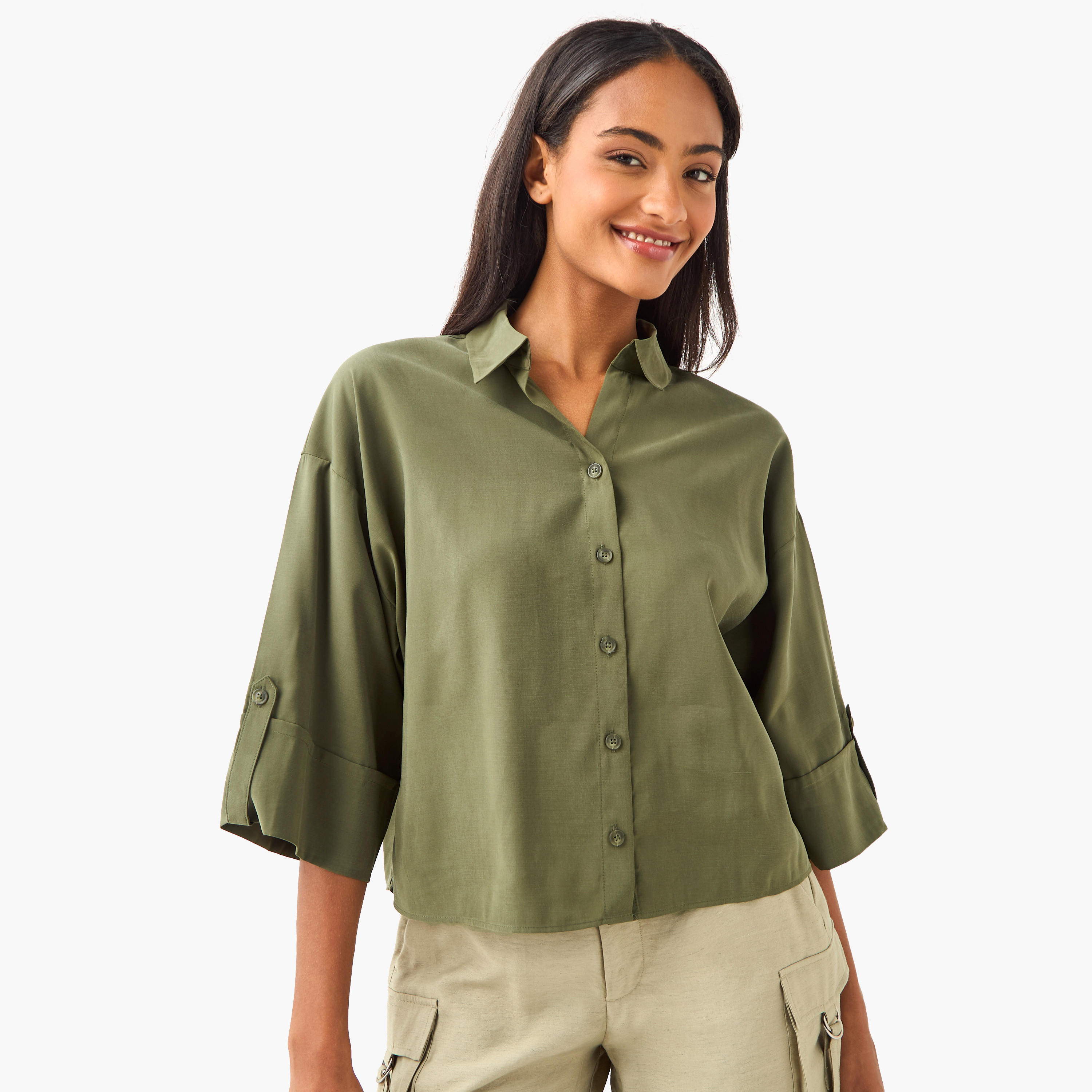 Loose Fit Shirt with Drop Shoulder Sleeves-women-clothing-shirtsandblouses-shirts-image-1