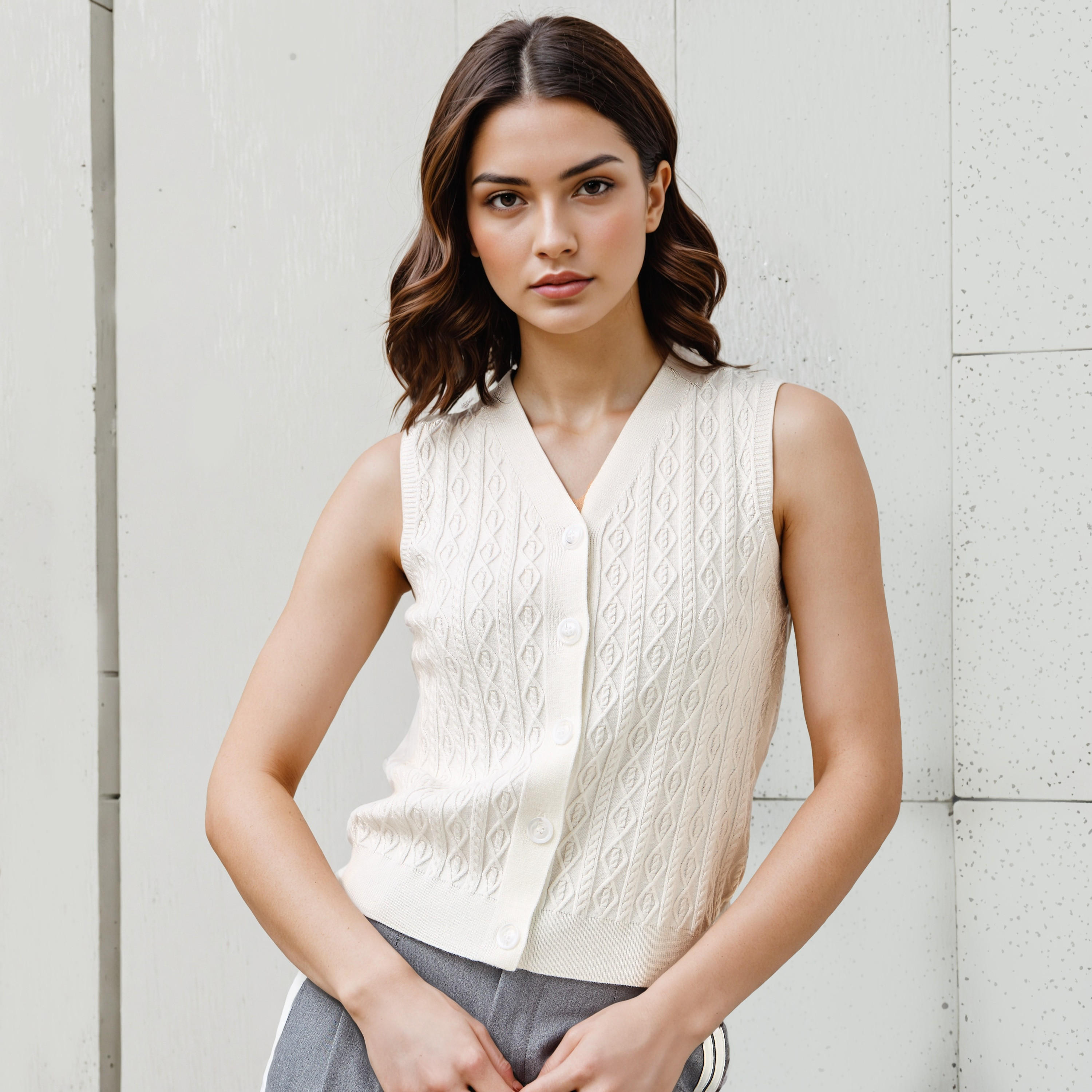 كنزة بارزة الملمس دون أكمام بياقة V-women-clothing-cardigansandjumpers-jumpers-image-1