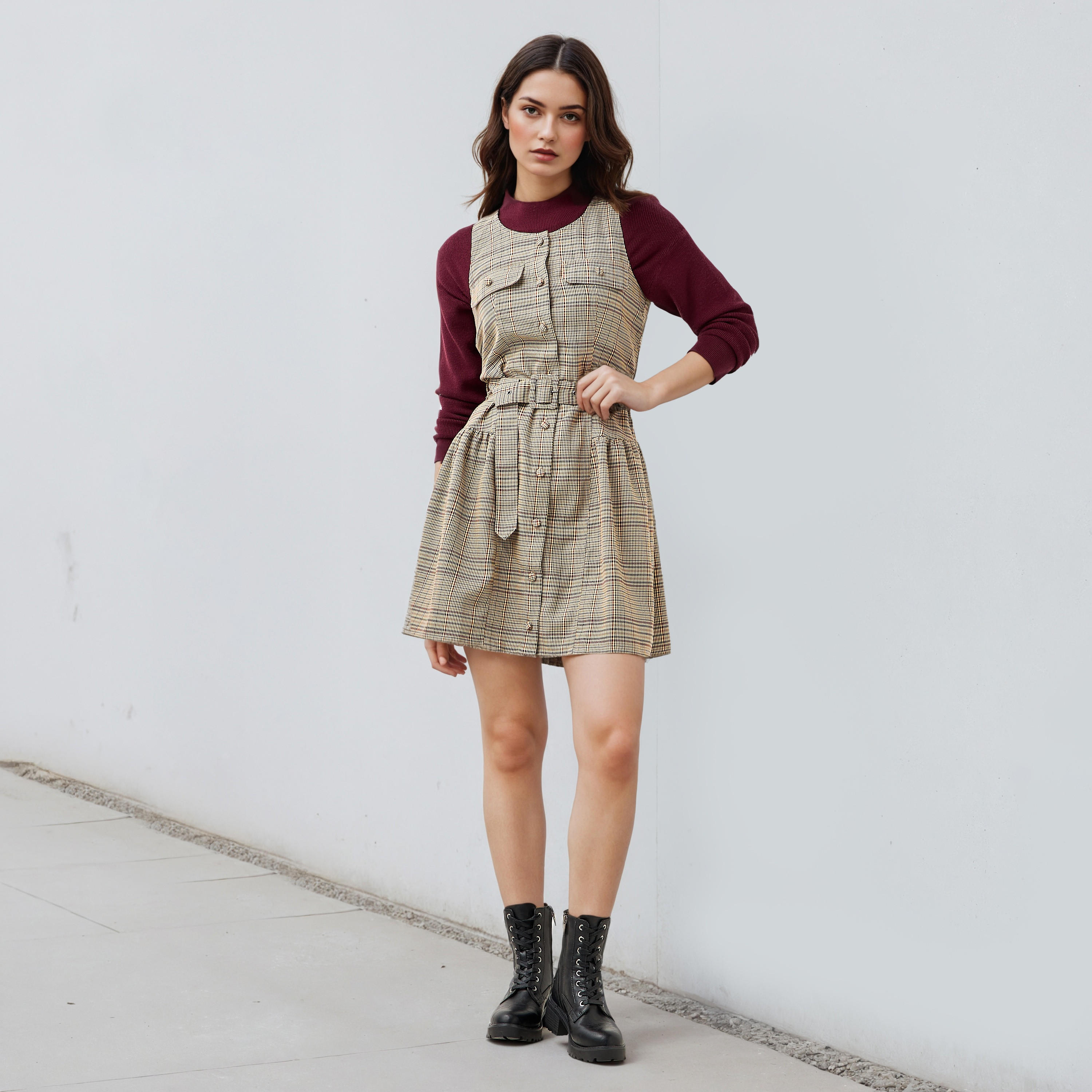 Checked Dress Blend with Belt-women-clothing-dresses-image-2