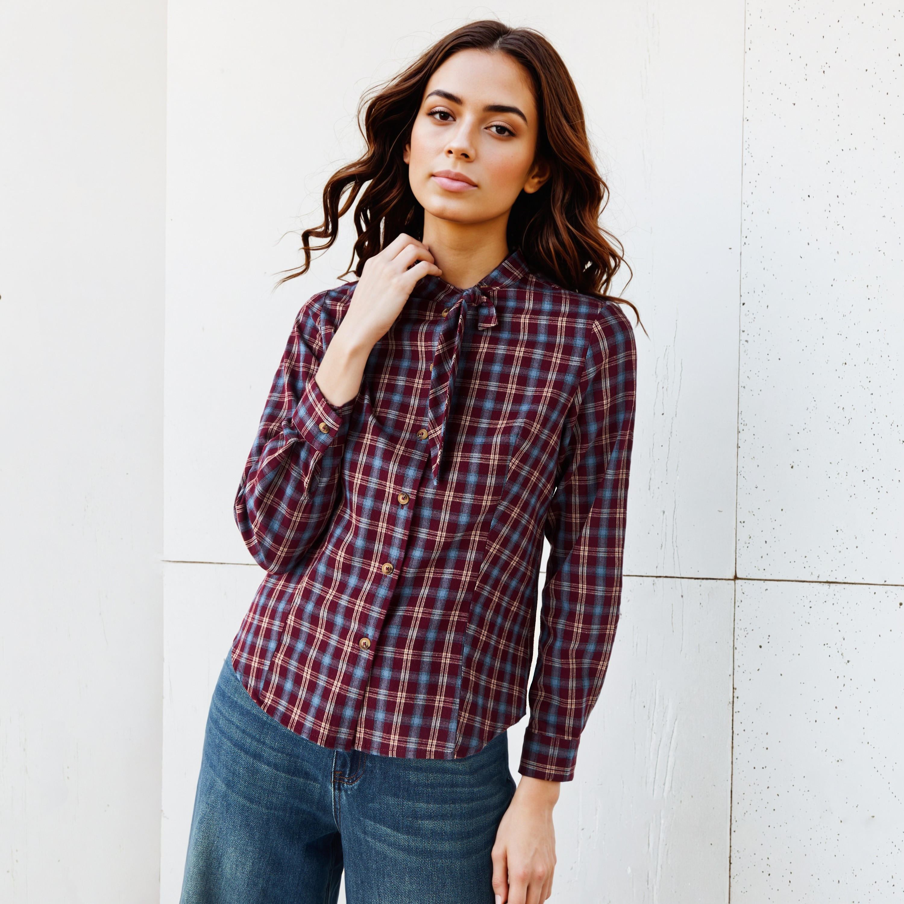 Checked Shirt with Tie Detail-women-clothing-shirtsandblouses-shirts-image-1