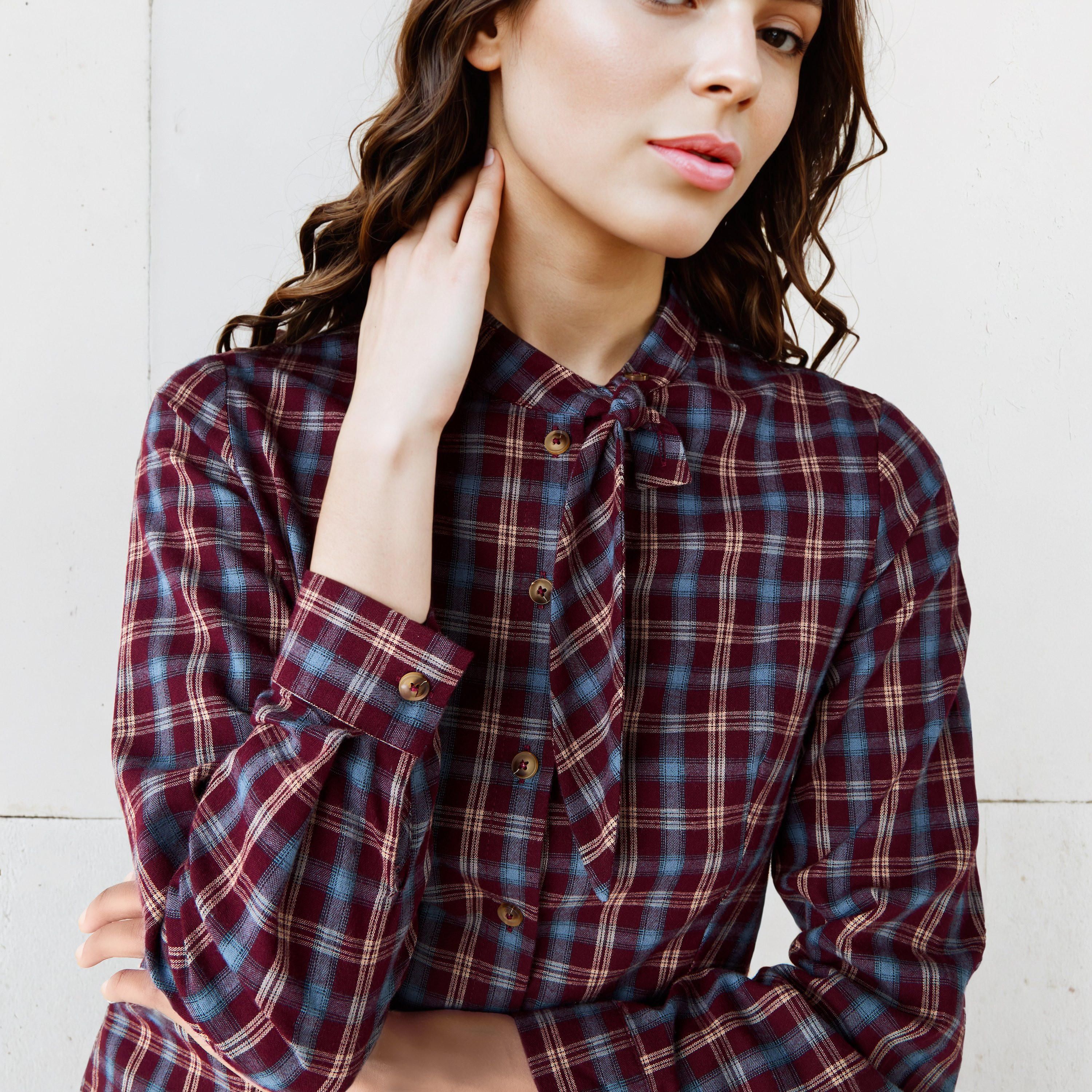 Checked Shirt with Tie Detail-women-clothing-shirtsandblouses-shirts-image-4