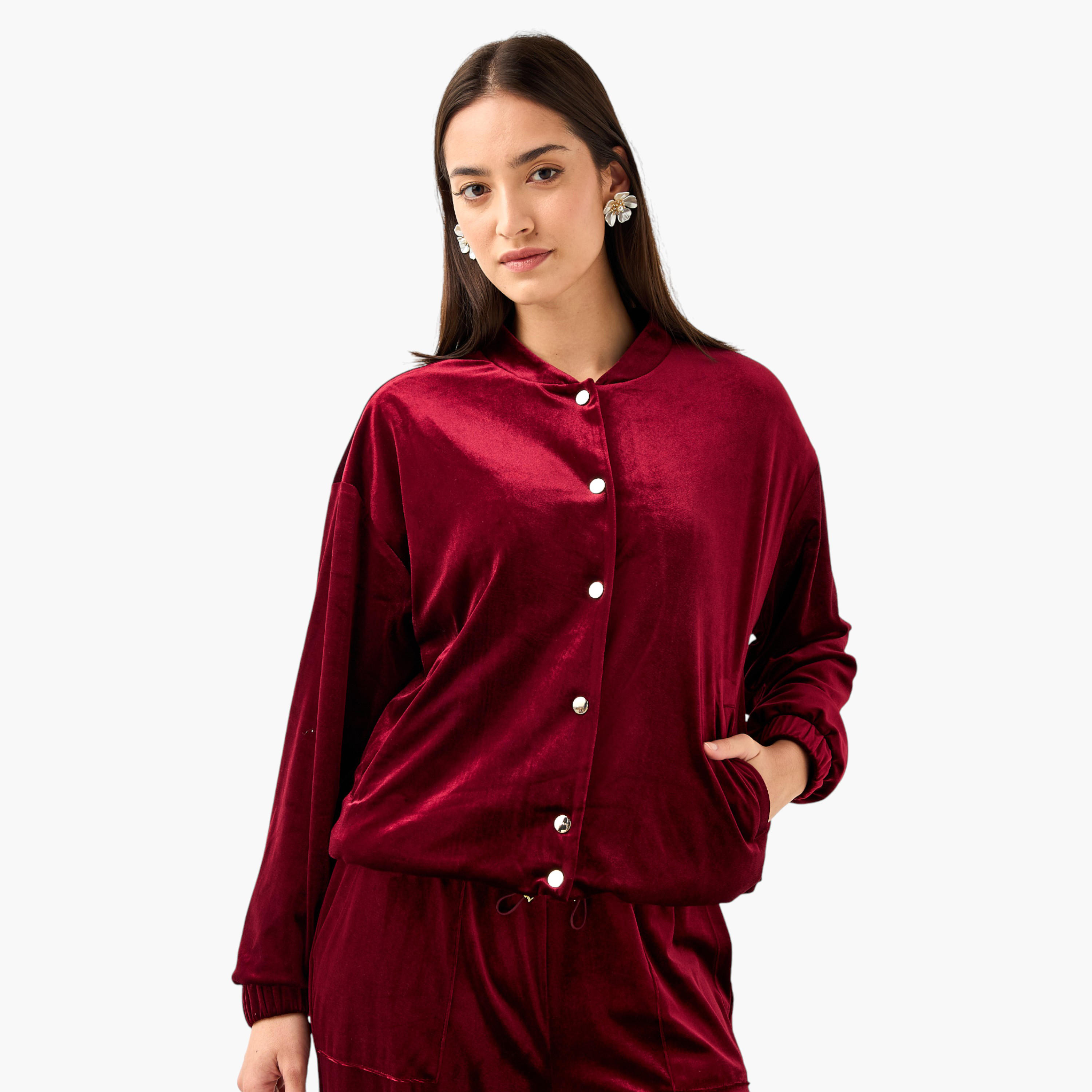 Velvet Bomber Jacket with Mandarin Neck-women-winterwear-coatsandjackets-jackets-image-1