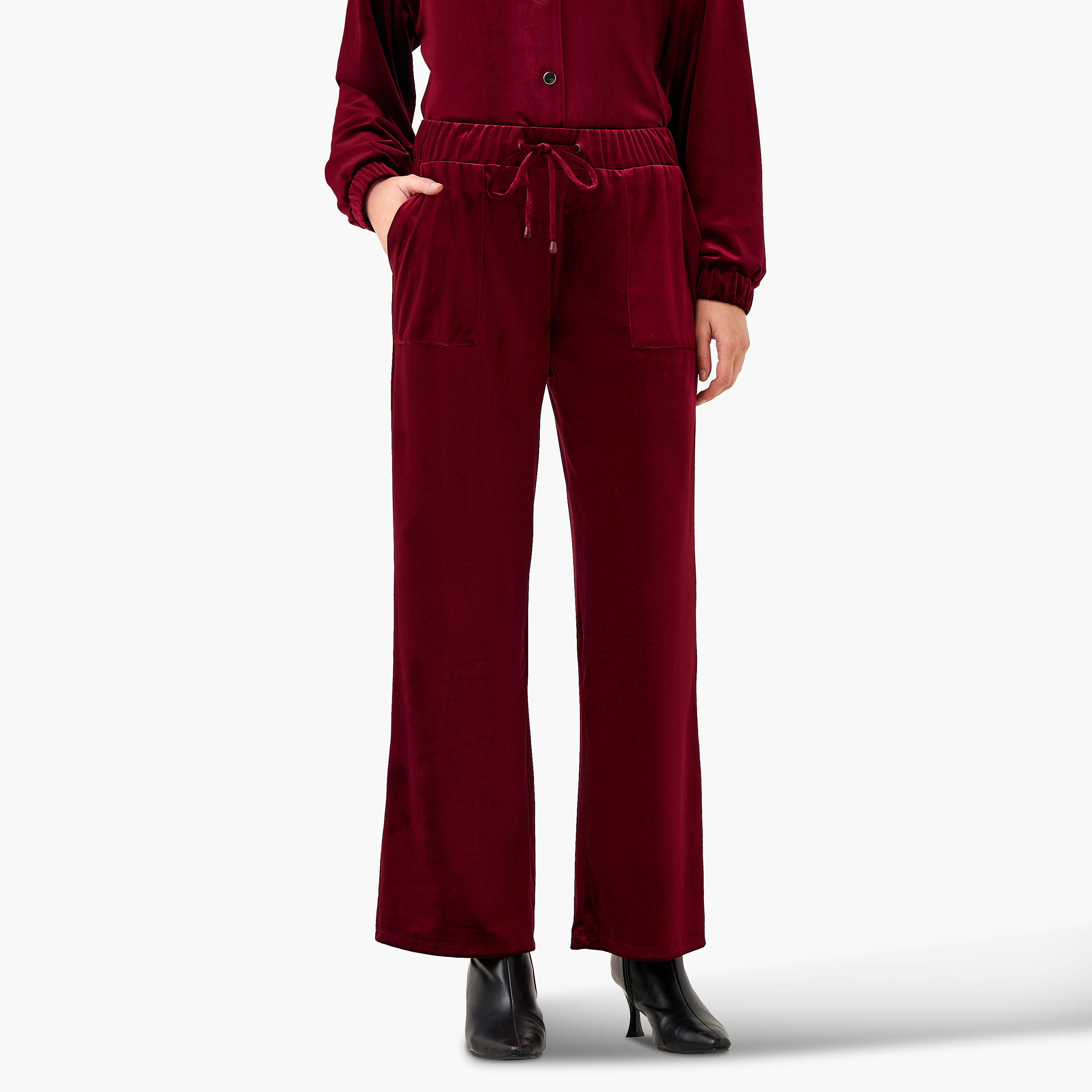 بنطلون رياضي مخملي بخصر متوسط الارتفاع وجيوب-women-clothing-bottoms-joggers-image-4