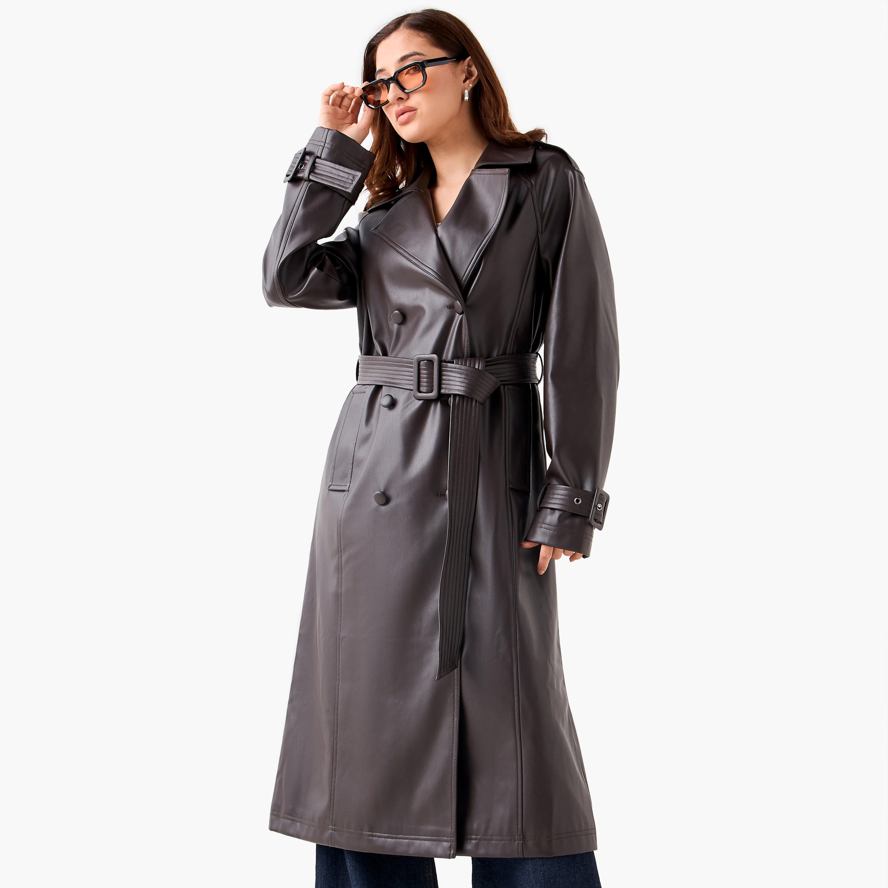 معطف ترنش طويل جلد صناعي مع حزام-women-clothing-coatsandjackets-coats-image-1