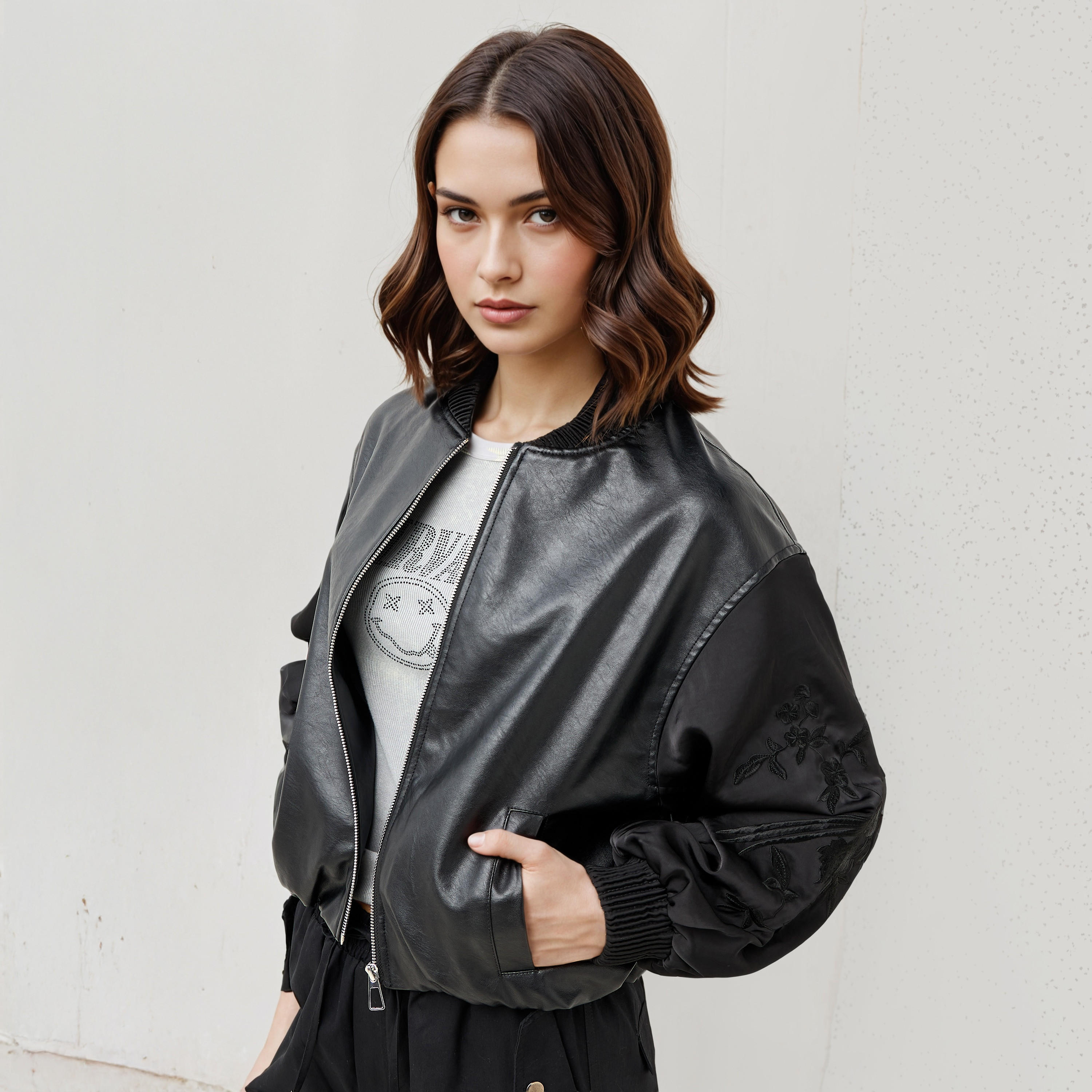Biker Jacket with Embroidered Sleeves and Zip Closure-women-winterwear-coatsandjackets-jackets-image-1