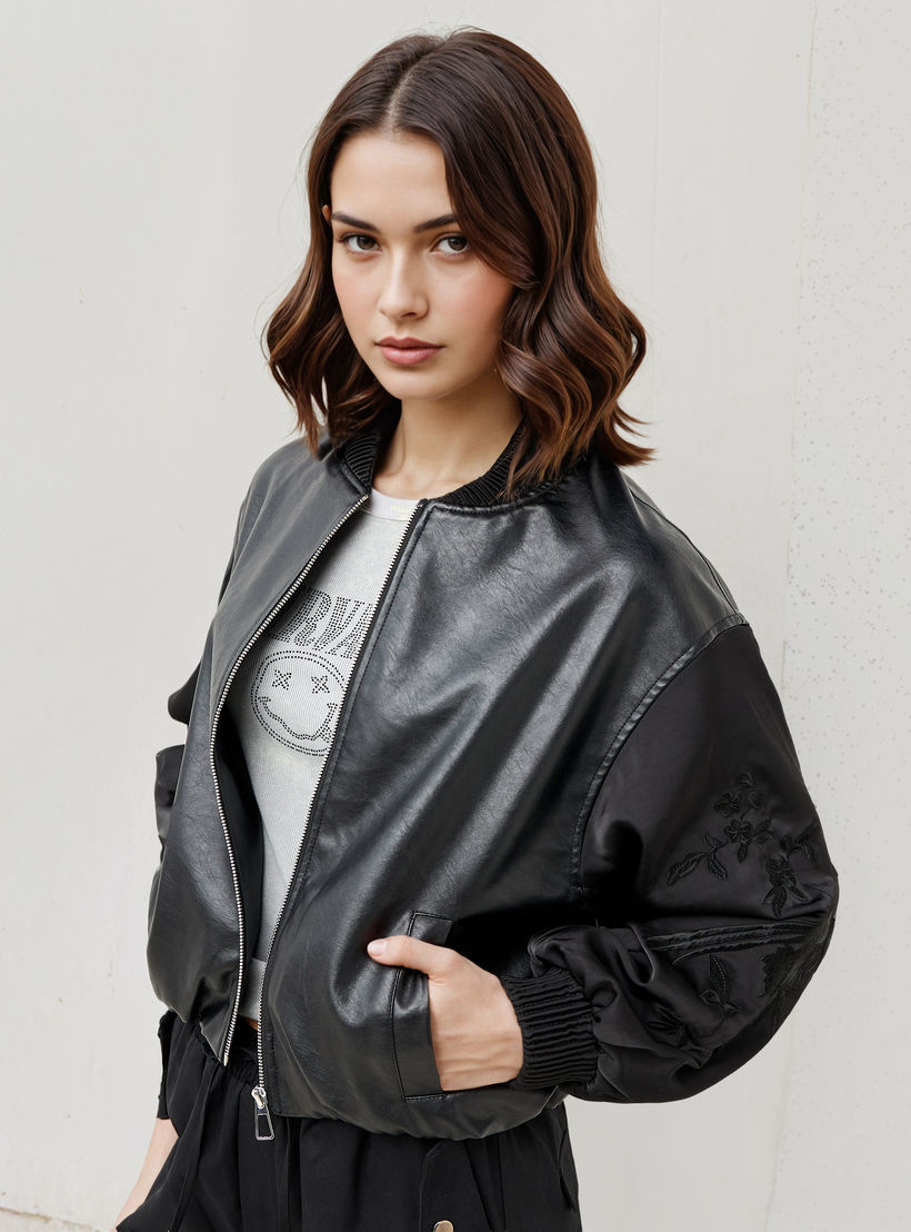 Biker Jacket with Embroidered Sleeves and Zip Closure-women-winterwear-coatsandjackets-jackets-image-1