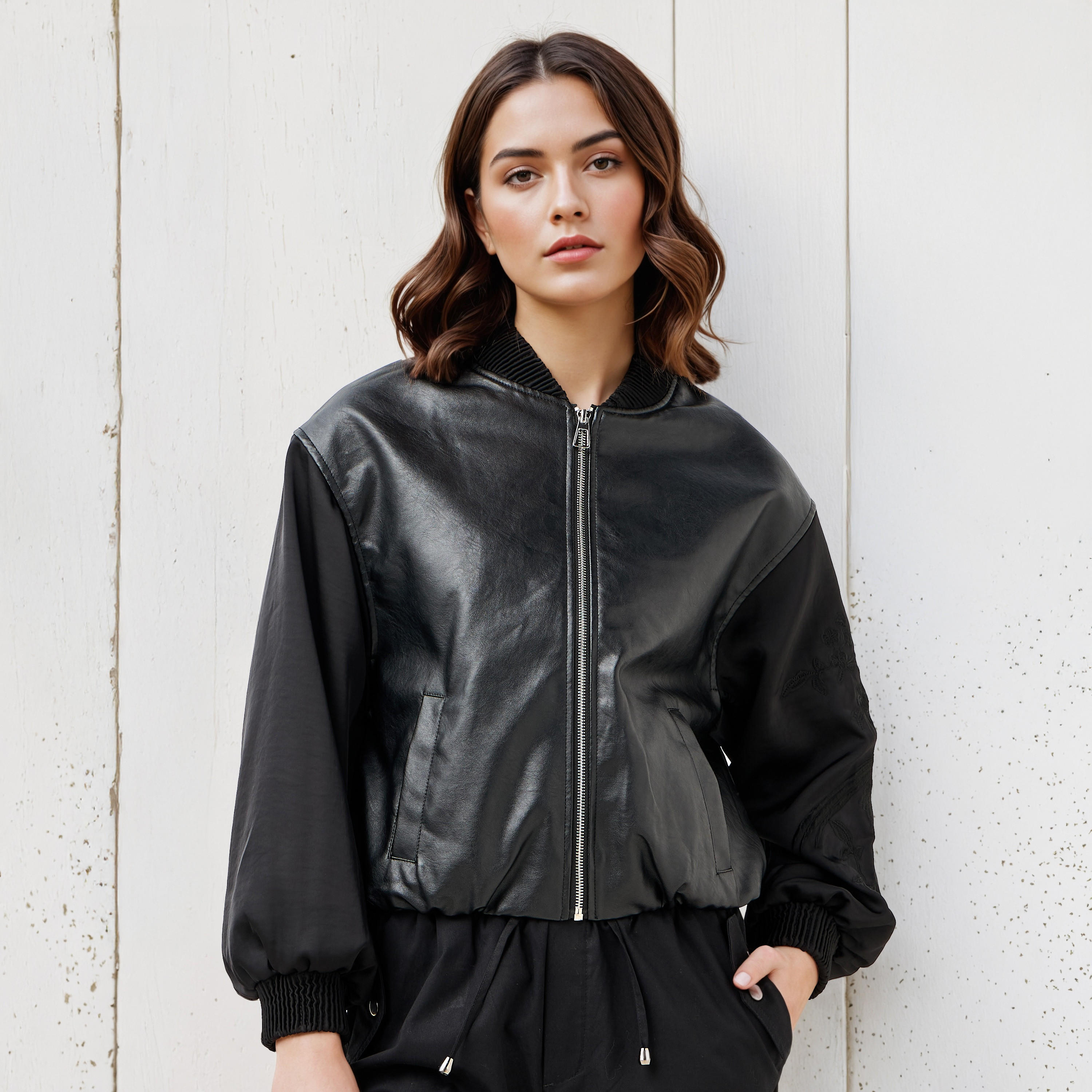 Biker Jacket with Embroidered Sleeves and Zip Closure-women-winterwear-coatsandjackets-jackets-image-6