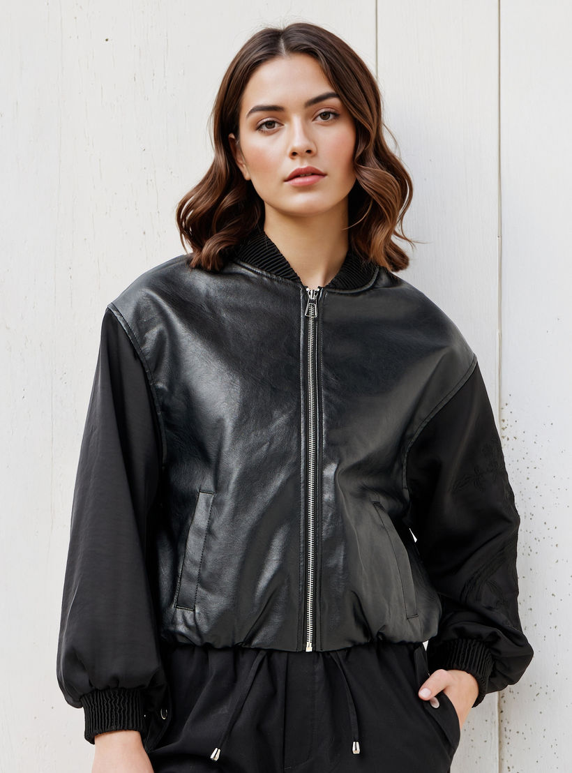 Biker Jacket with Embroidered Sleeves and Zip Closure-women-winterwear-coatsandjackets-jackets-image-6