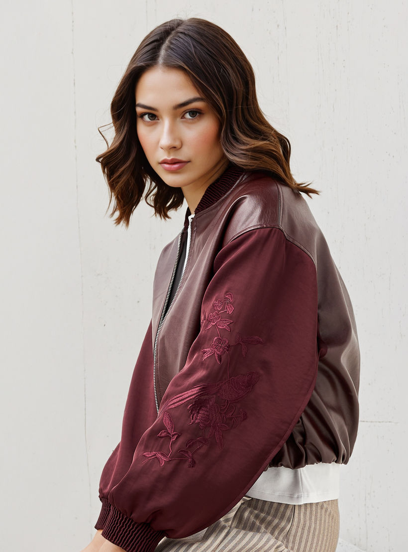 Biker Jacket with Embroidered Sleeves and Zip Closure-women-winterwear-coatsandjackets-jackets-image-2