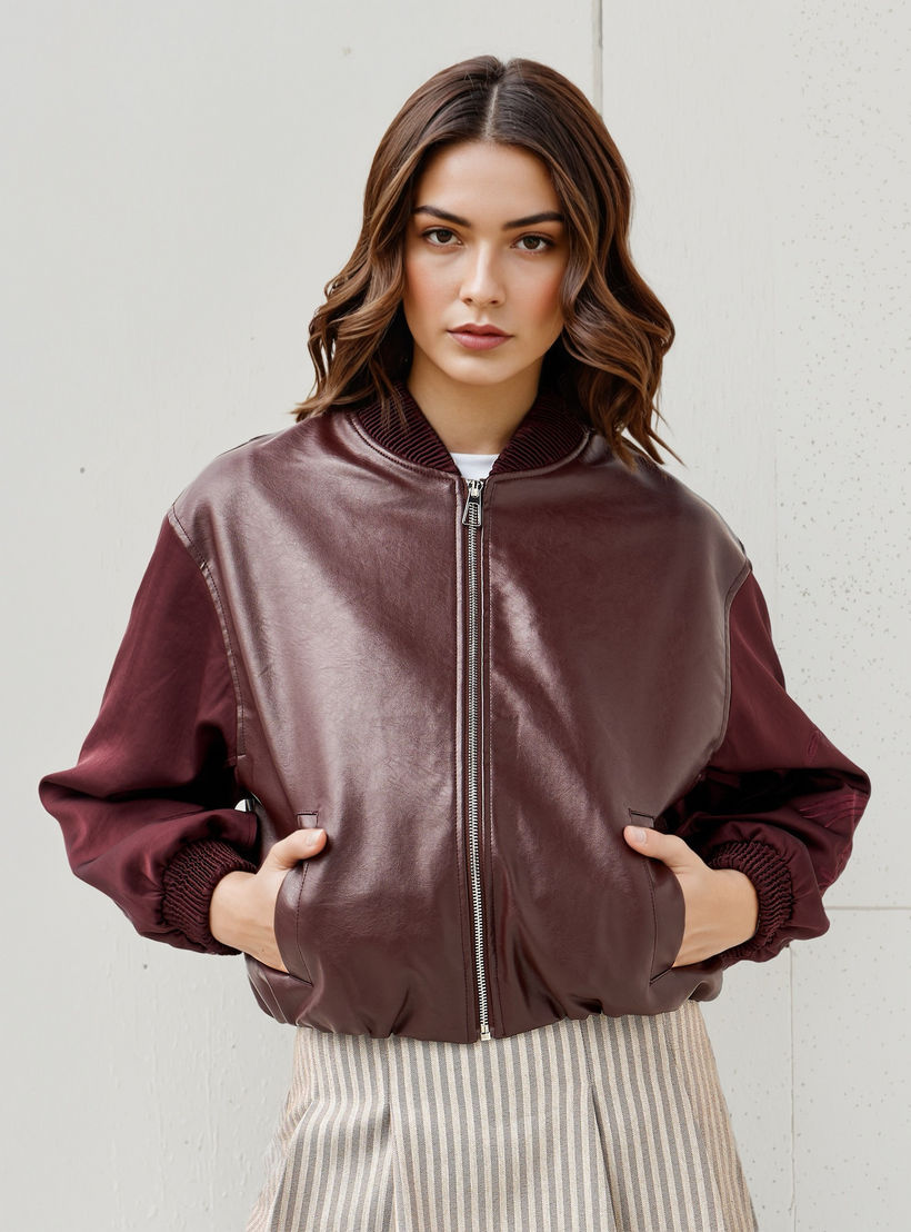 Biker Jacket with Embroidered Sleeves and Zip Closure-women-winterwear-coatsandjackets-jackets-image-5