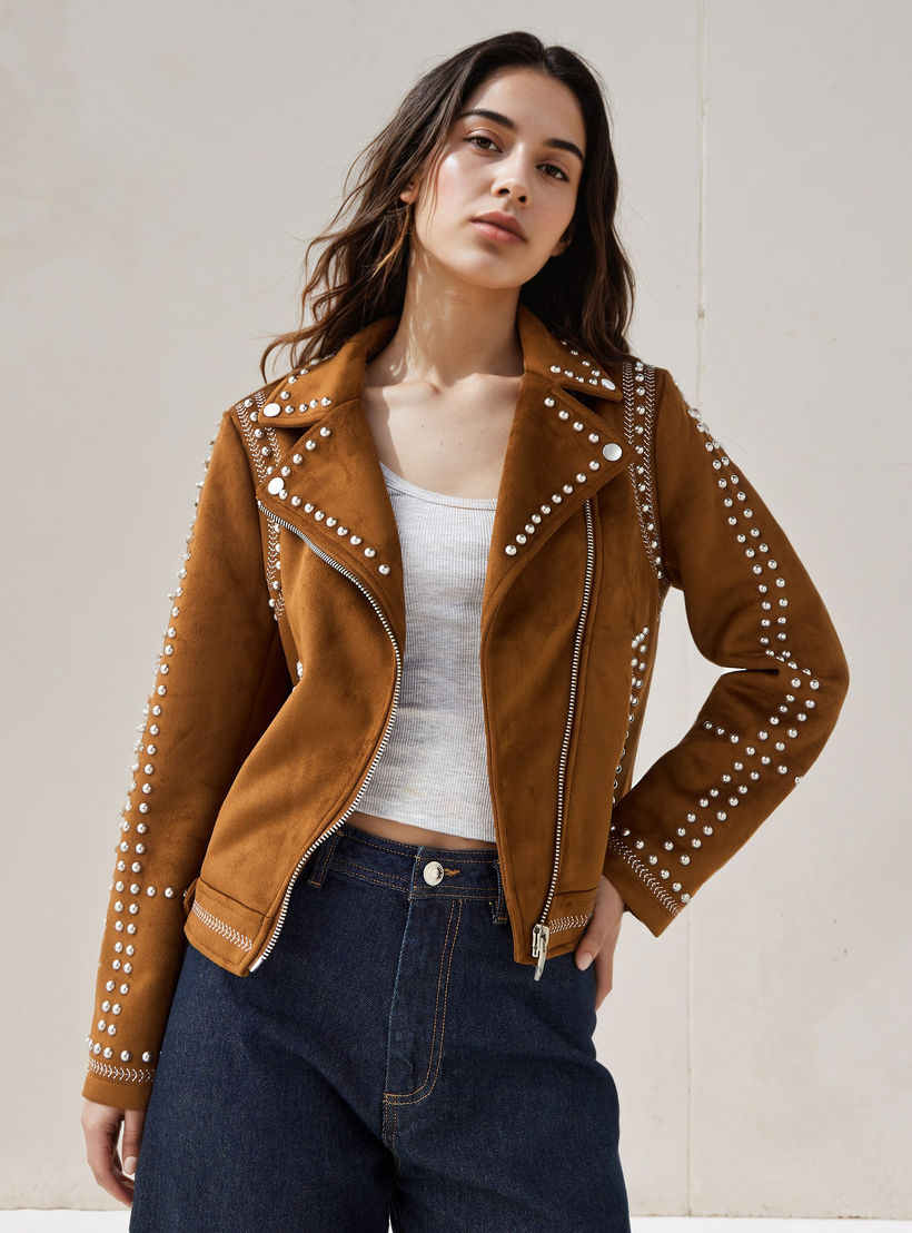 Biker Jacket with Stud Embellishments-women-winterwear-coatsandjackets-jackets-image-1