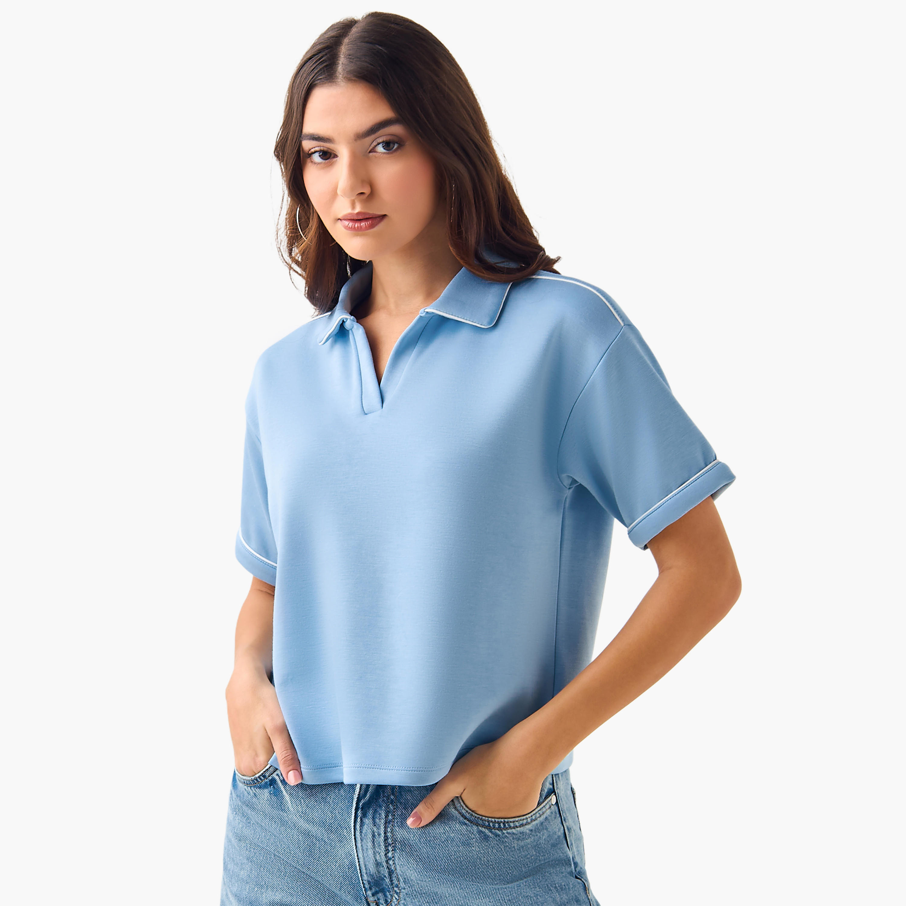 Polo T-shirt with Piping Detail-women-clothing-tshirts-image-2