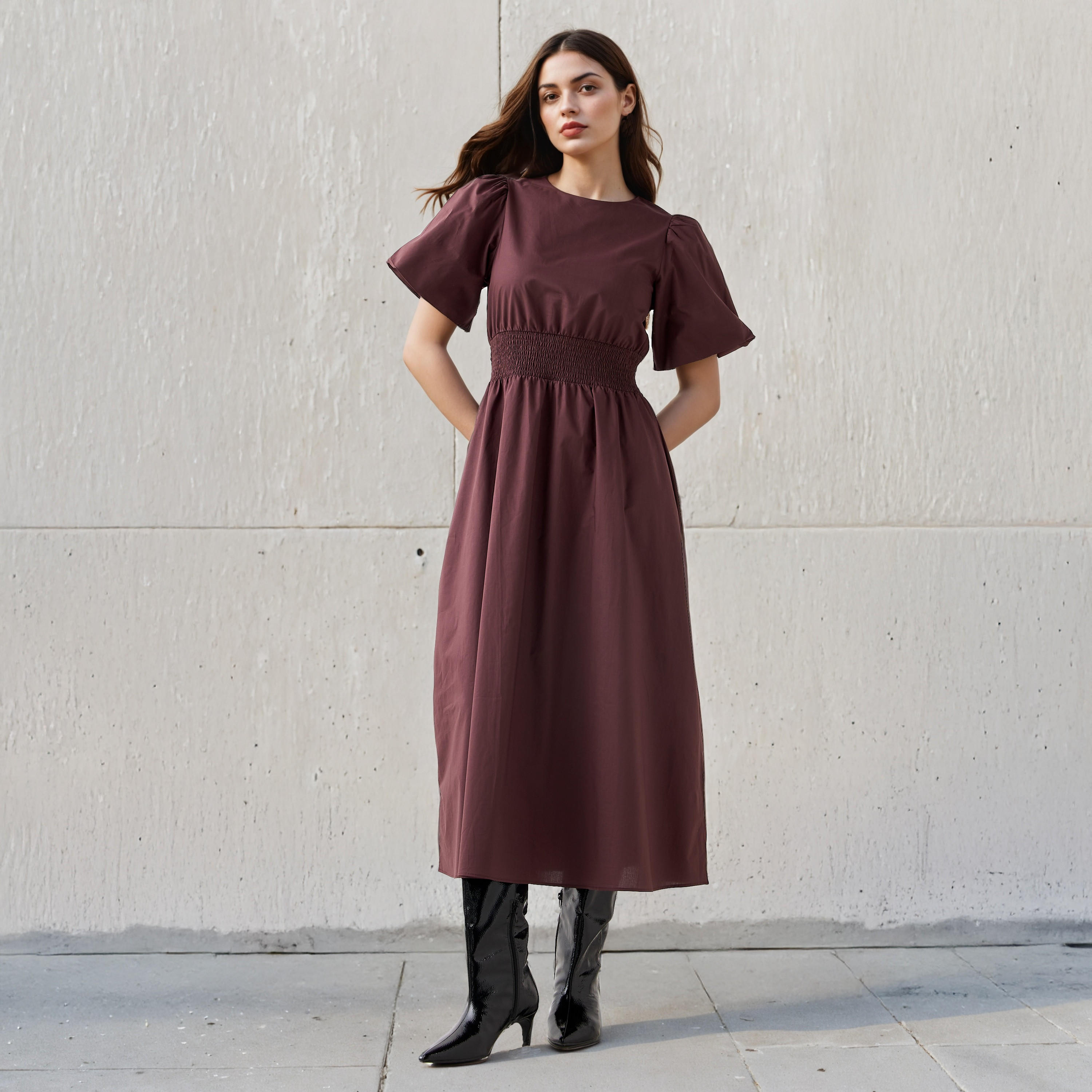 فستان ميدي قطن إيه لاين بأكمام منفوخة وكشكش-women-clothing-dresses-image-1