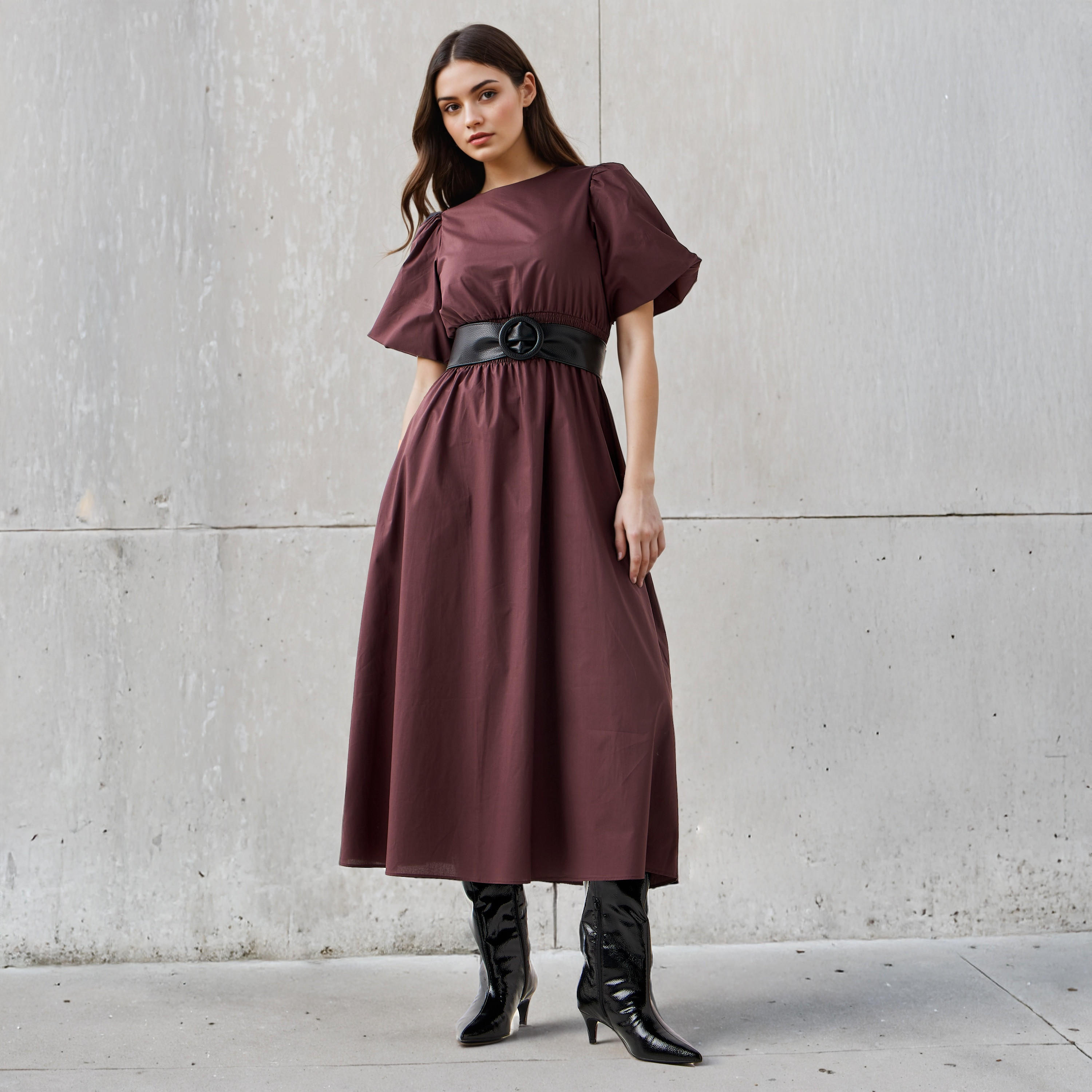 فستان ميدي قطن إيه لاين بأكمام منفوخة وكشكش-women-clothing-dresses-image-2