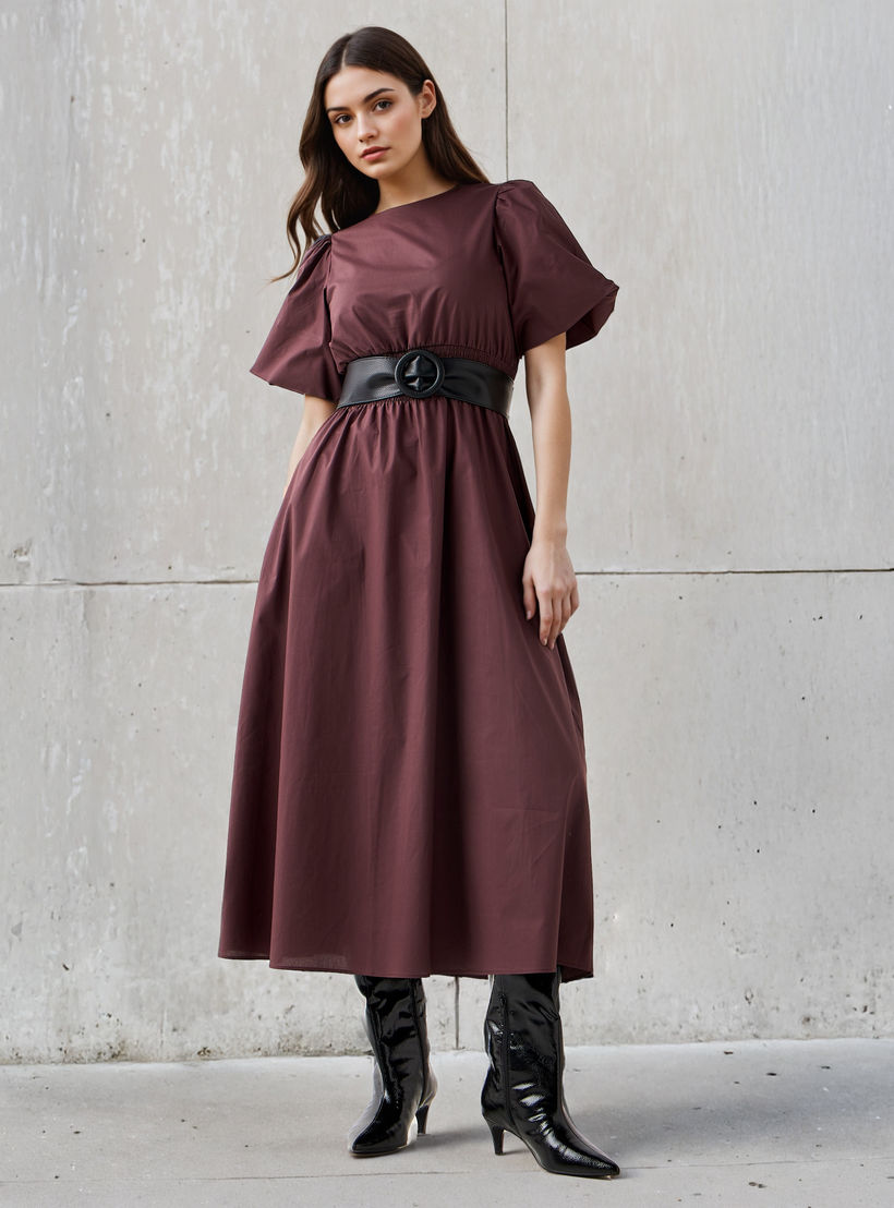 فستان ميدي قطن إيه لاين بأكمام منفوخة وكشكش-women-clothing-dresses-image-2