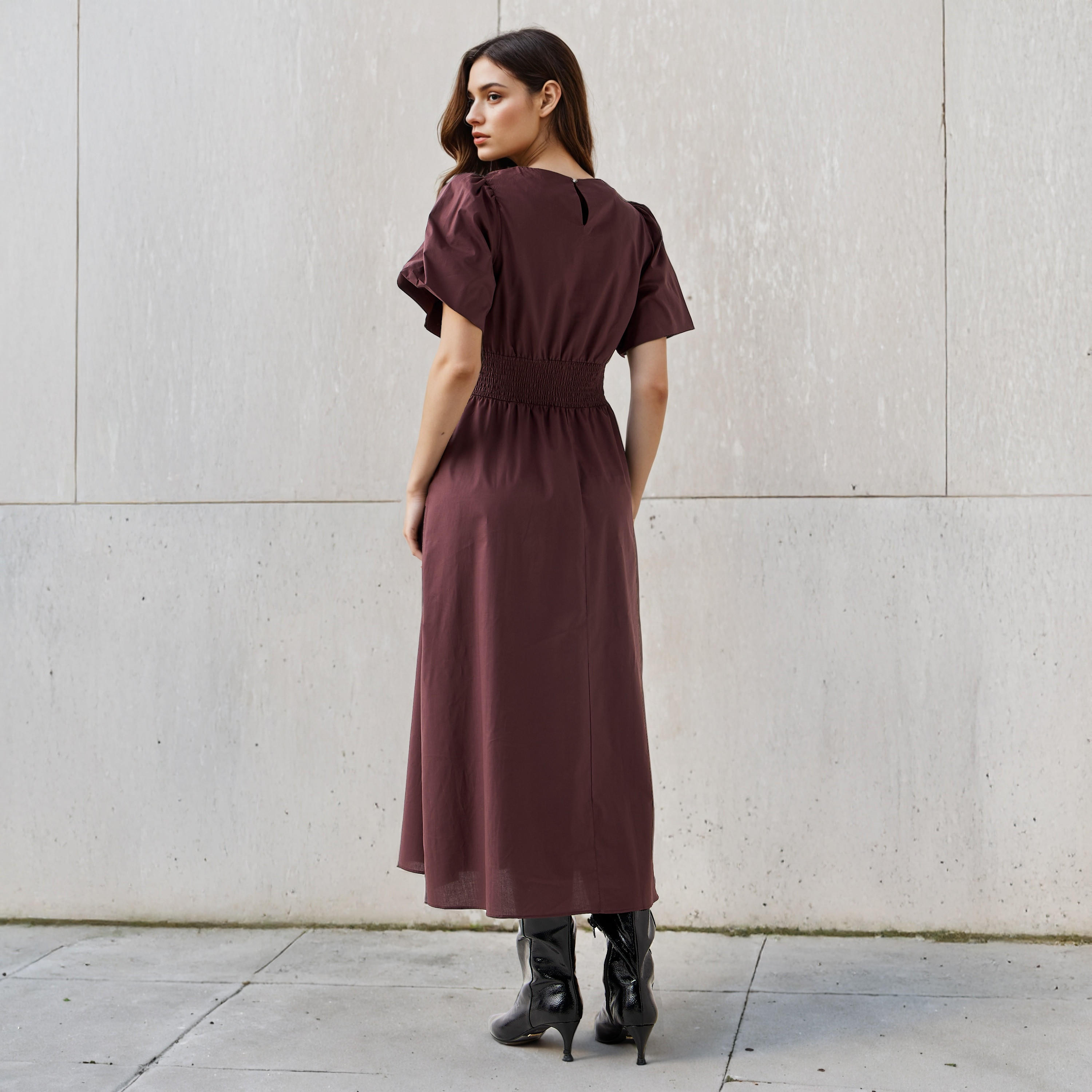 فستان ميدي قطن إيه لاين بأكمام منفوخة وكشكش-women-clothing-dresses-image-3