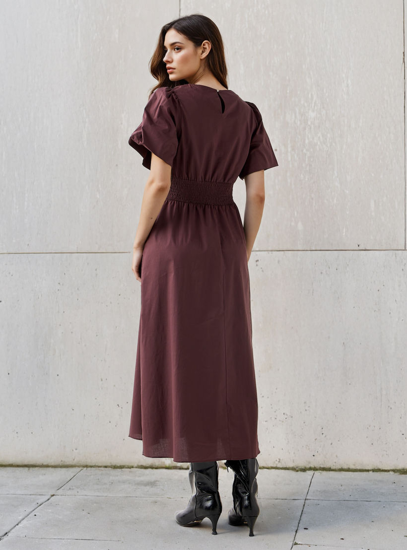 فستان ميدي قطن إيه لاين بأكمام منفوخة وكشكش-women-clothing-dresses-image-3