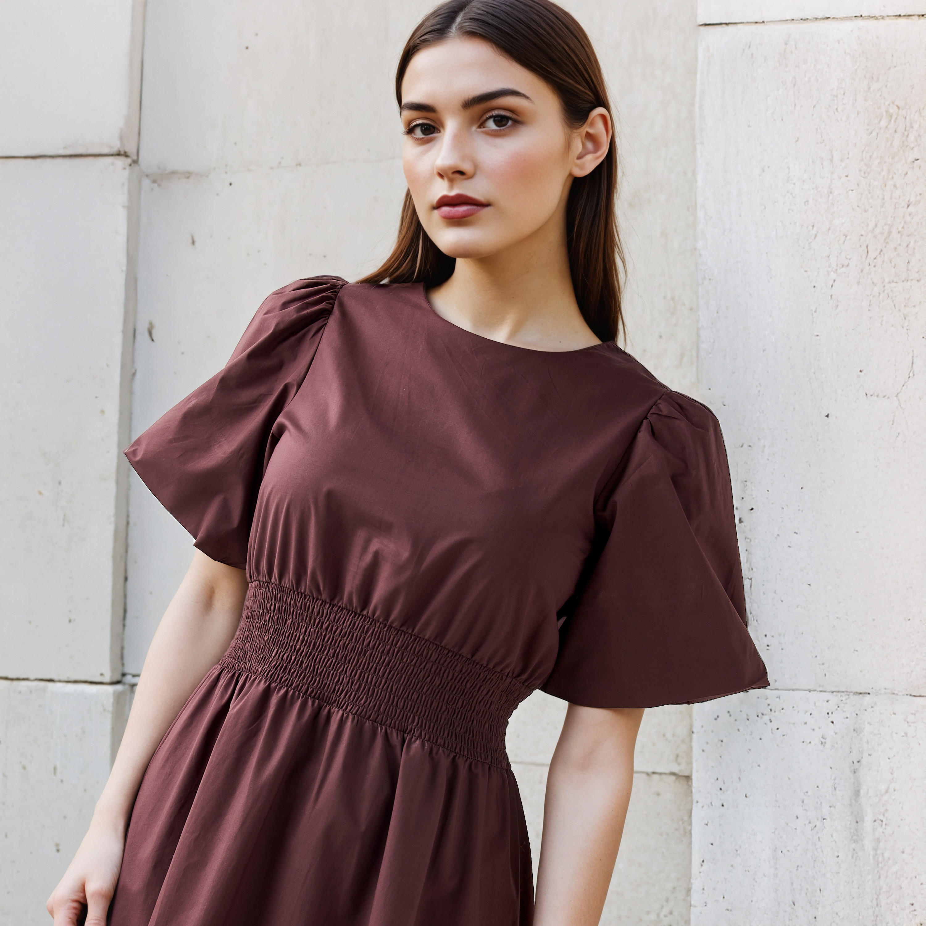 فستان ميدي قطن إيه لاين بأكمام منفوخة وكشكش-women-clothing-dresses-image-5