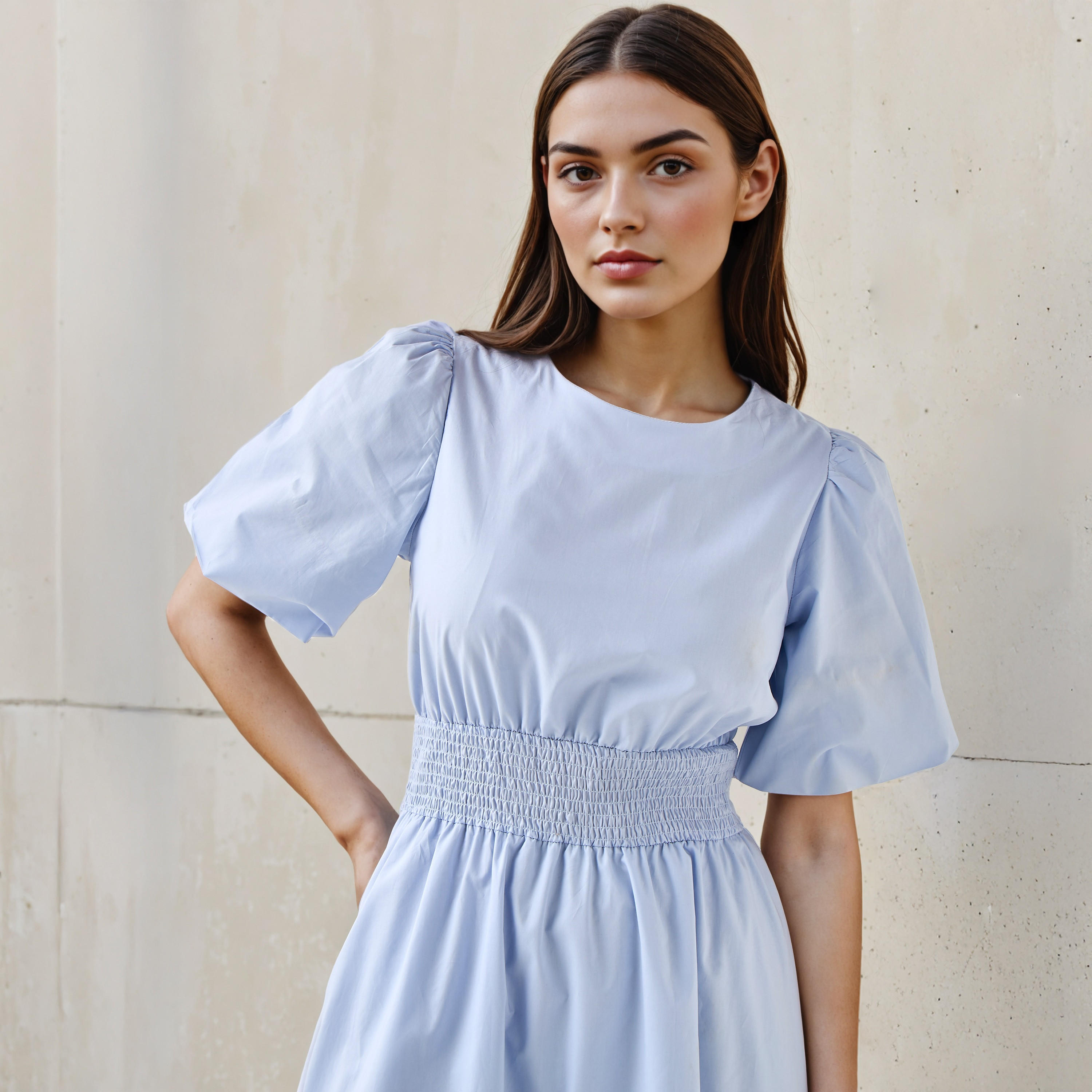 Shirred A-line Midi Cotton Dress with Balloon Sleeves-women-clothing-dresses-image-4