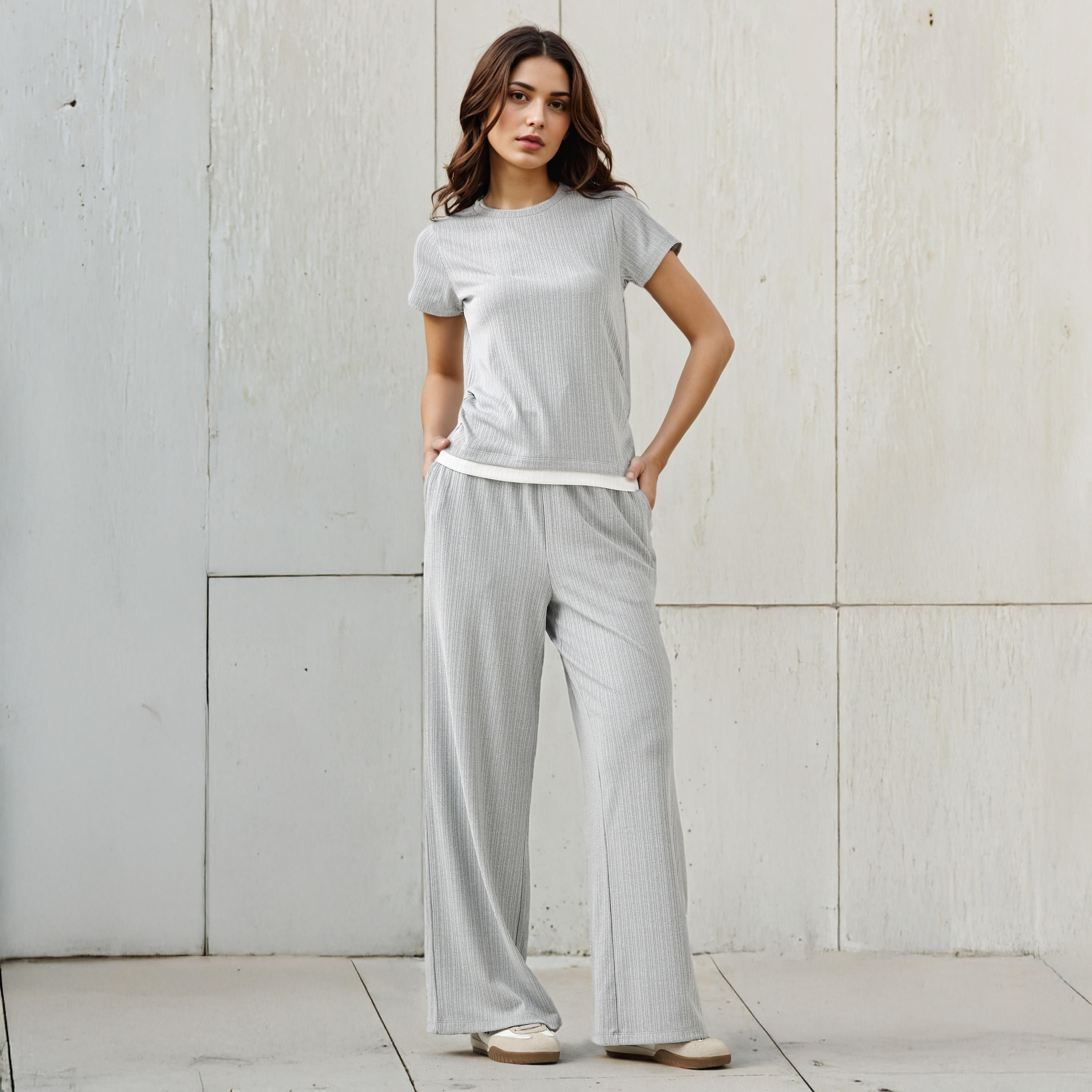 بنطلون رياضي واسع الساقين مضلّع بخصر مطاطي متباين متوسط الارتفاع -women-clothing-bottoms-joggers-image-2