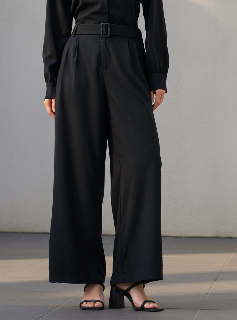 Wide Leg Mid Rise Belted Trousers-women-clothing-bottoms-trousers-image-1