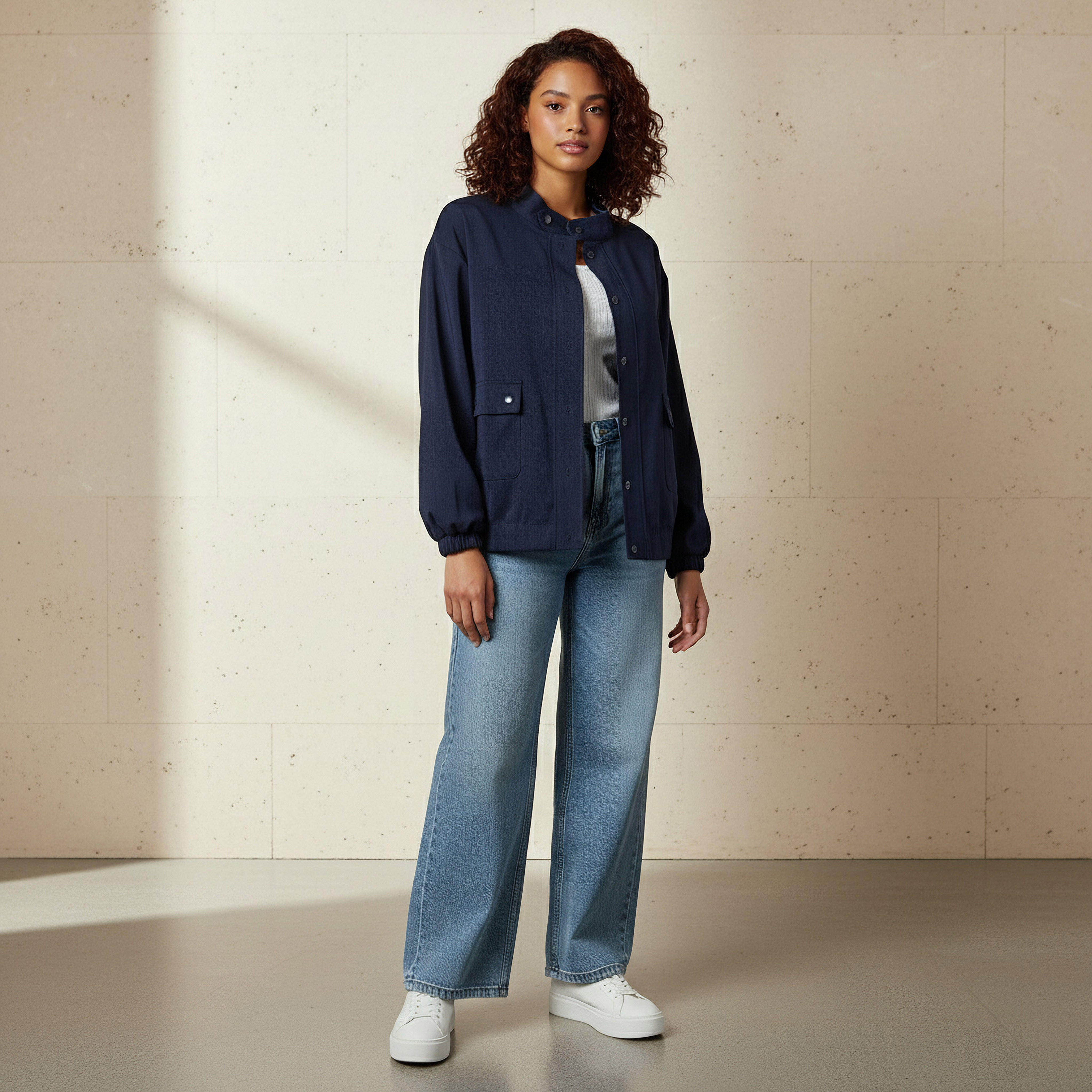 Regular Fit Snap-Button Jacket with Pockets-women-clothing-coordsets-image-1
