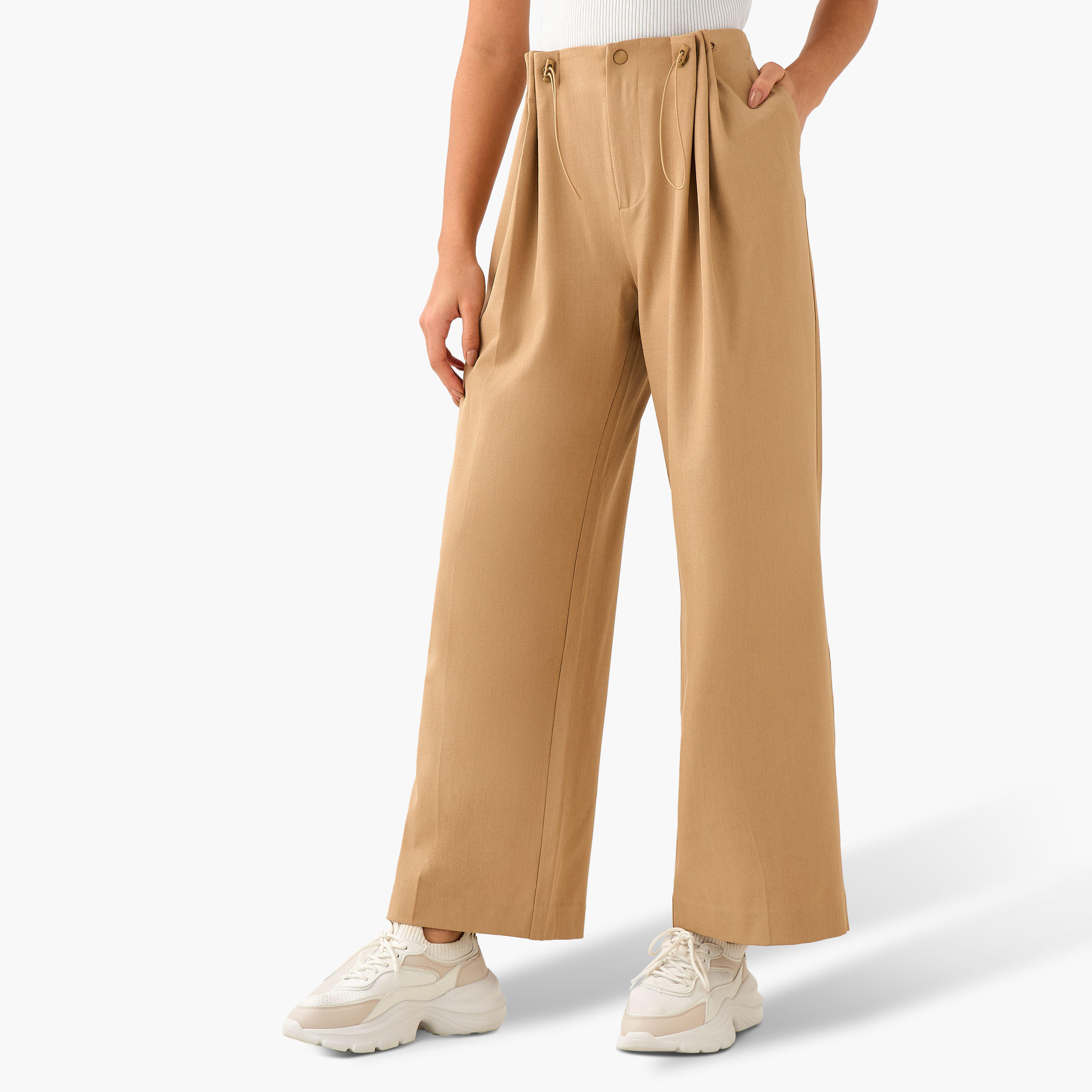 بنطلون واسع الساقين بكسرات وزر إغلاق-women-clothing-coordsets-image-5