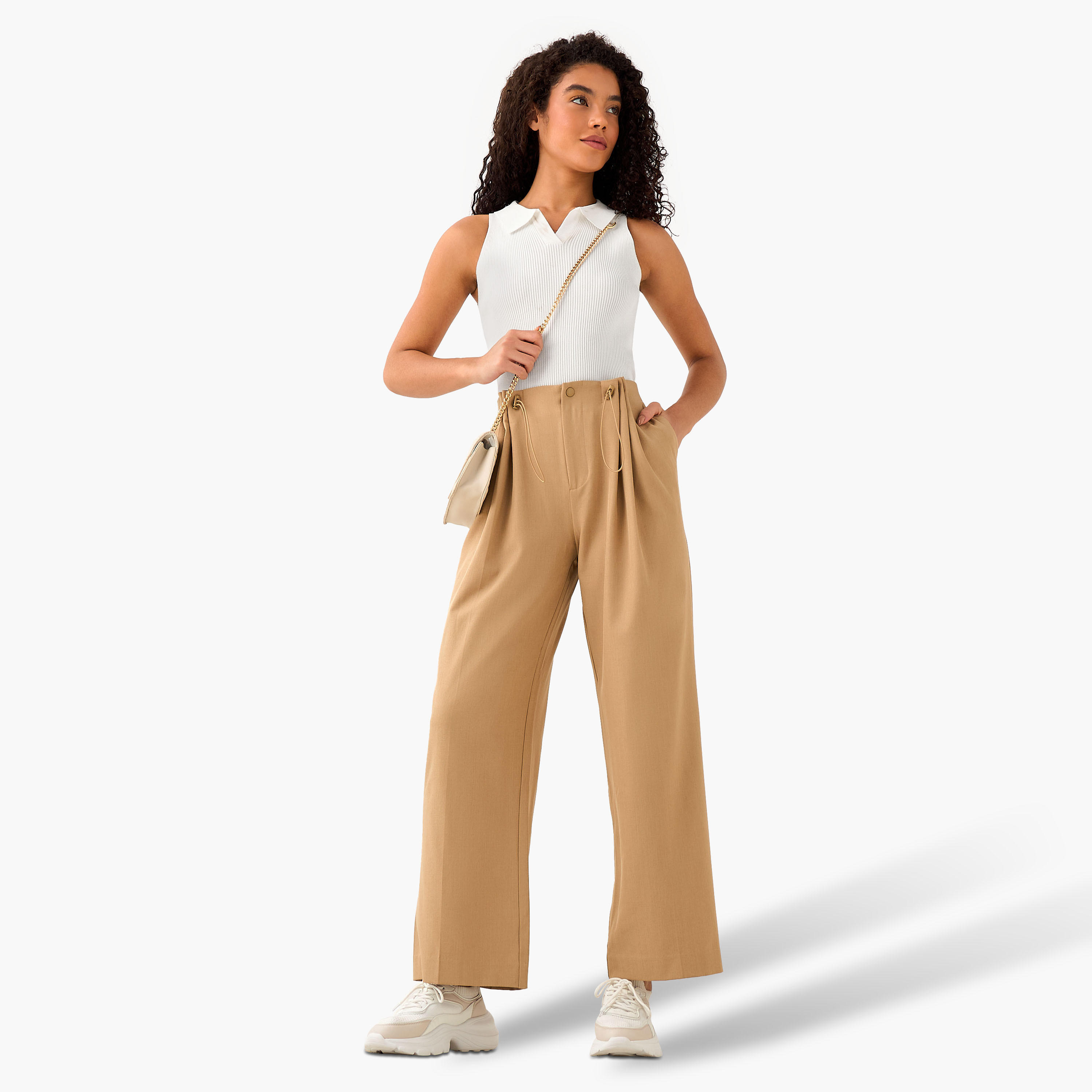 بنطلون واسع الساقين بكسرات وزر إغلاق-women-clothing-coordsets-image-4