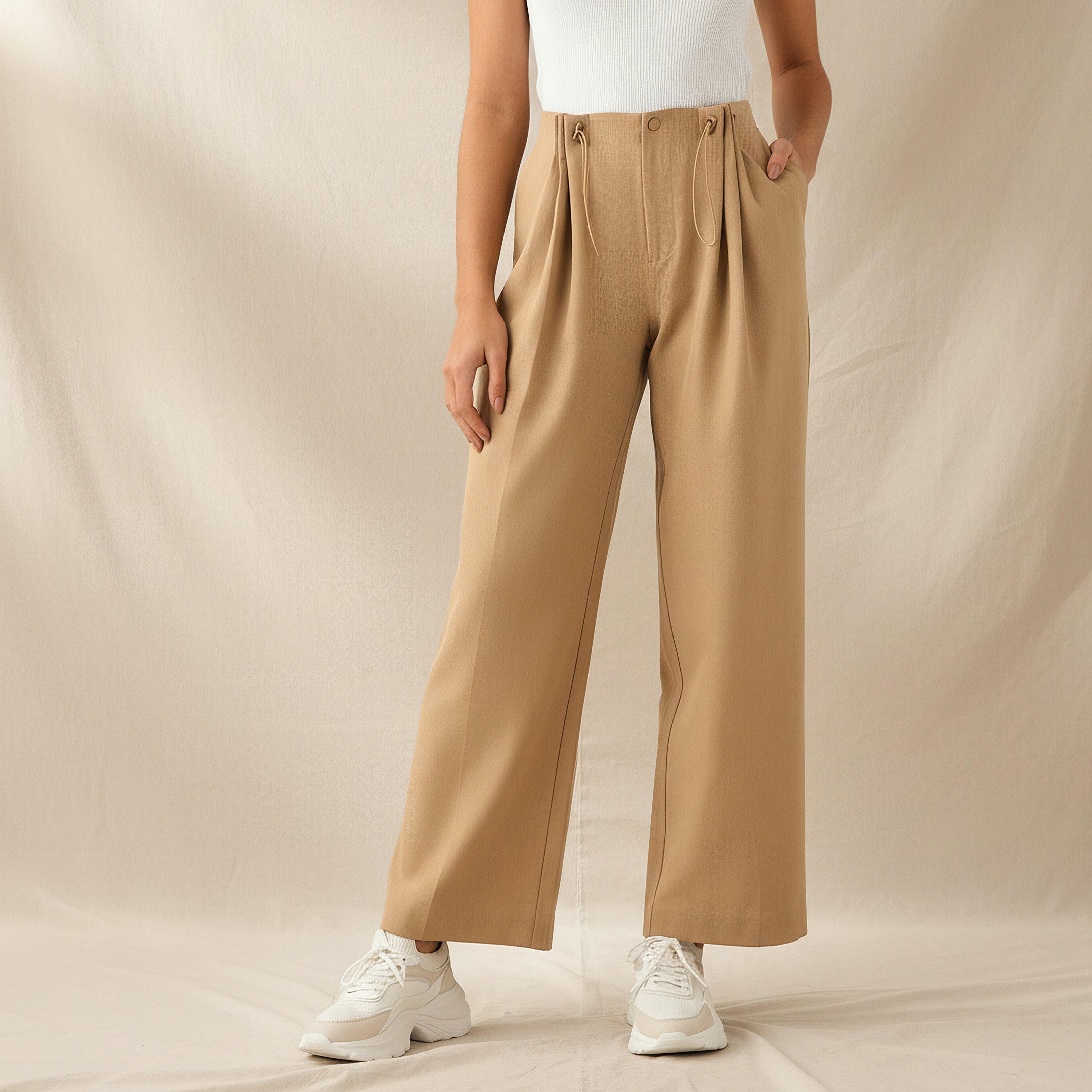 بنطلون واسع الساقين بكسرات وزر إغلاق-women-clothing-coordsets-image-6