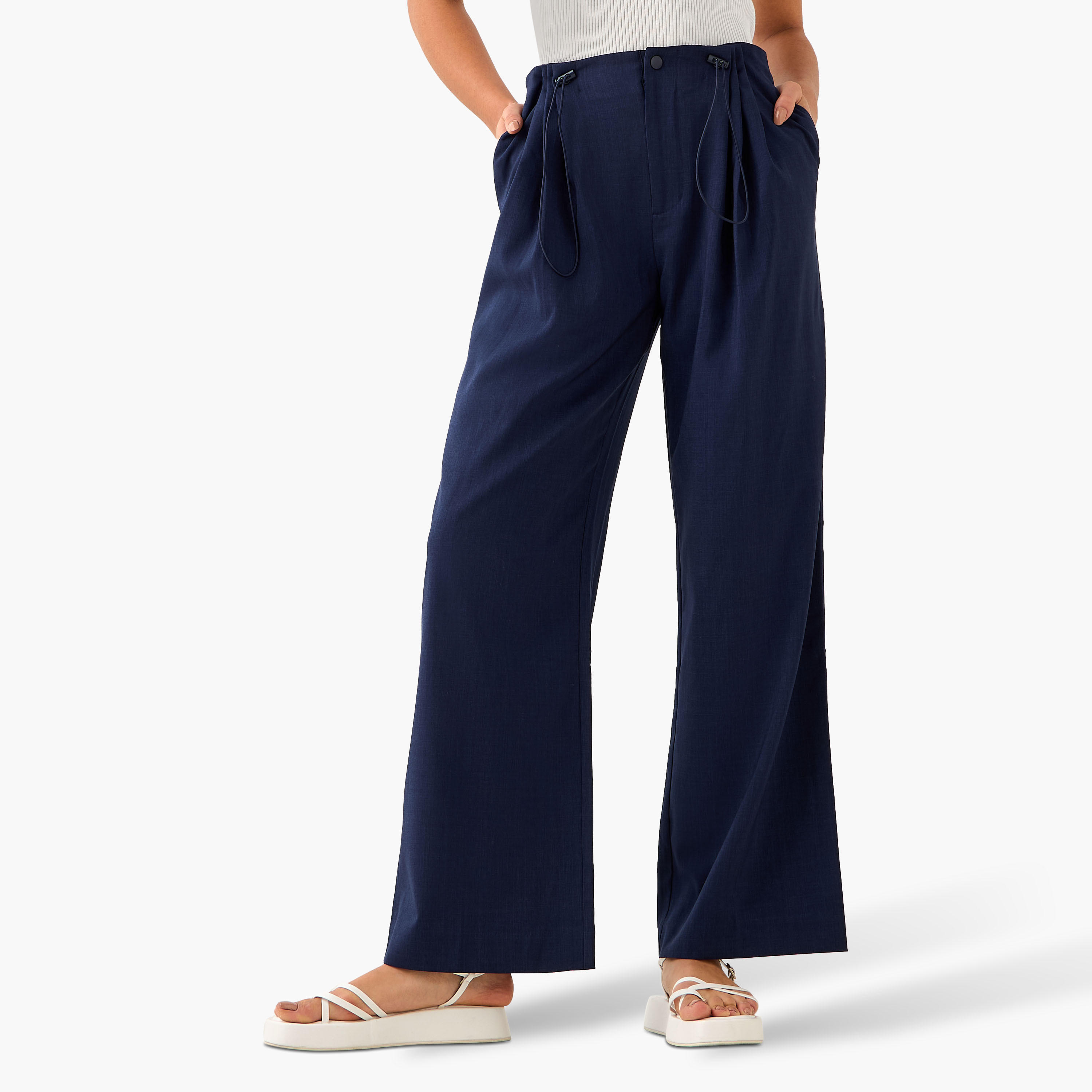 بنطلون واسع الساقين بكسرات وزر إغلاق-women-clothing-coordsets-image-5