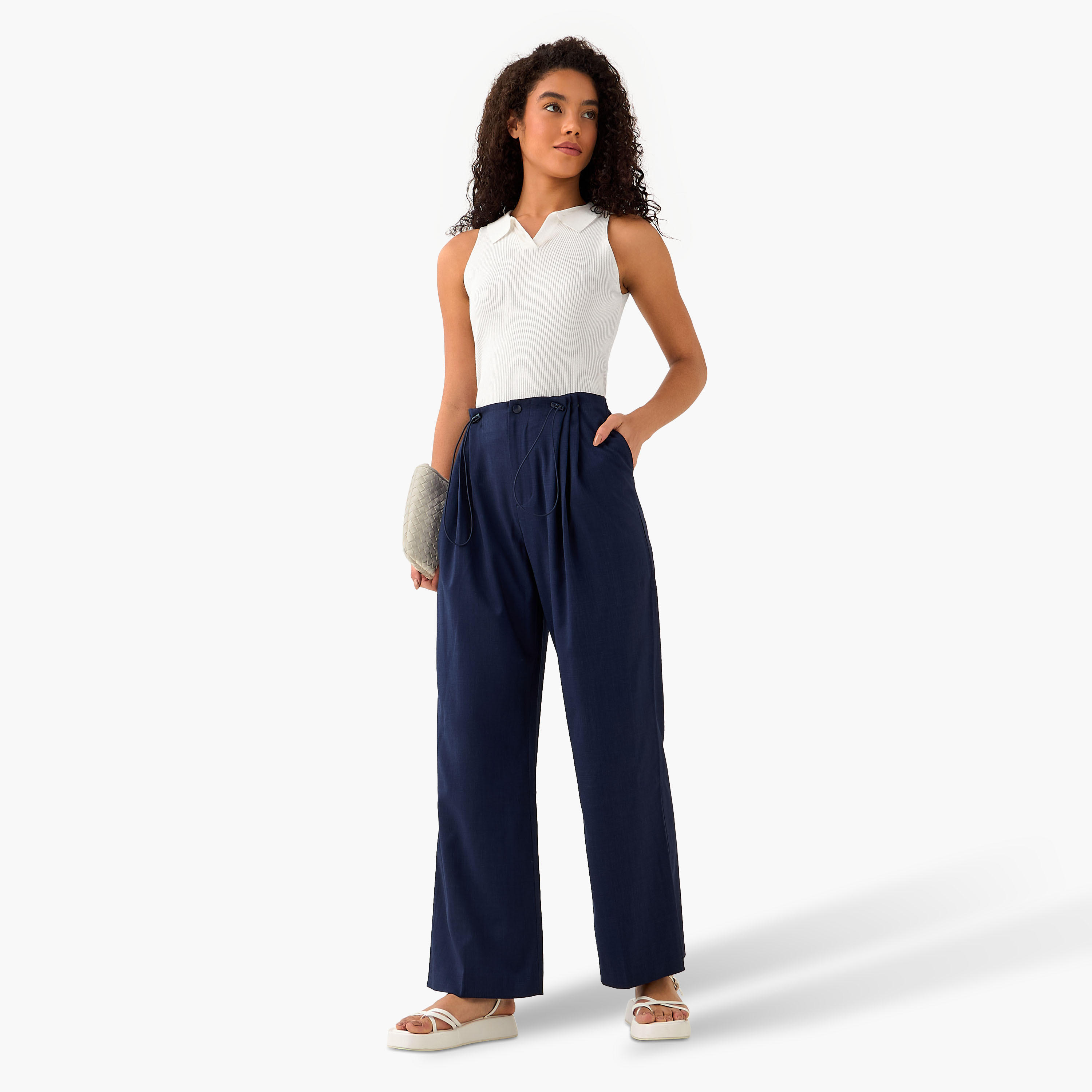 بنطلون واسع الساقين بكسرات وزر إغلاق-women-clothing-coordsets-image-4