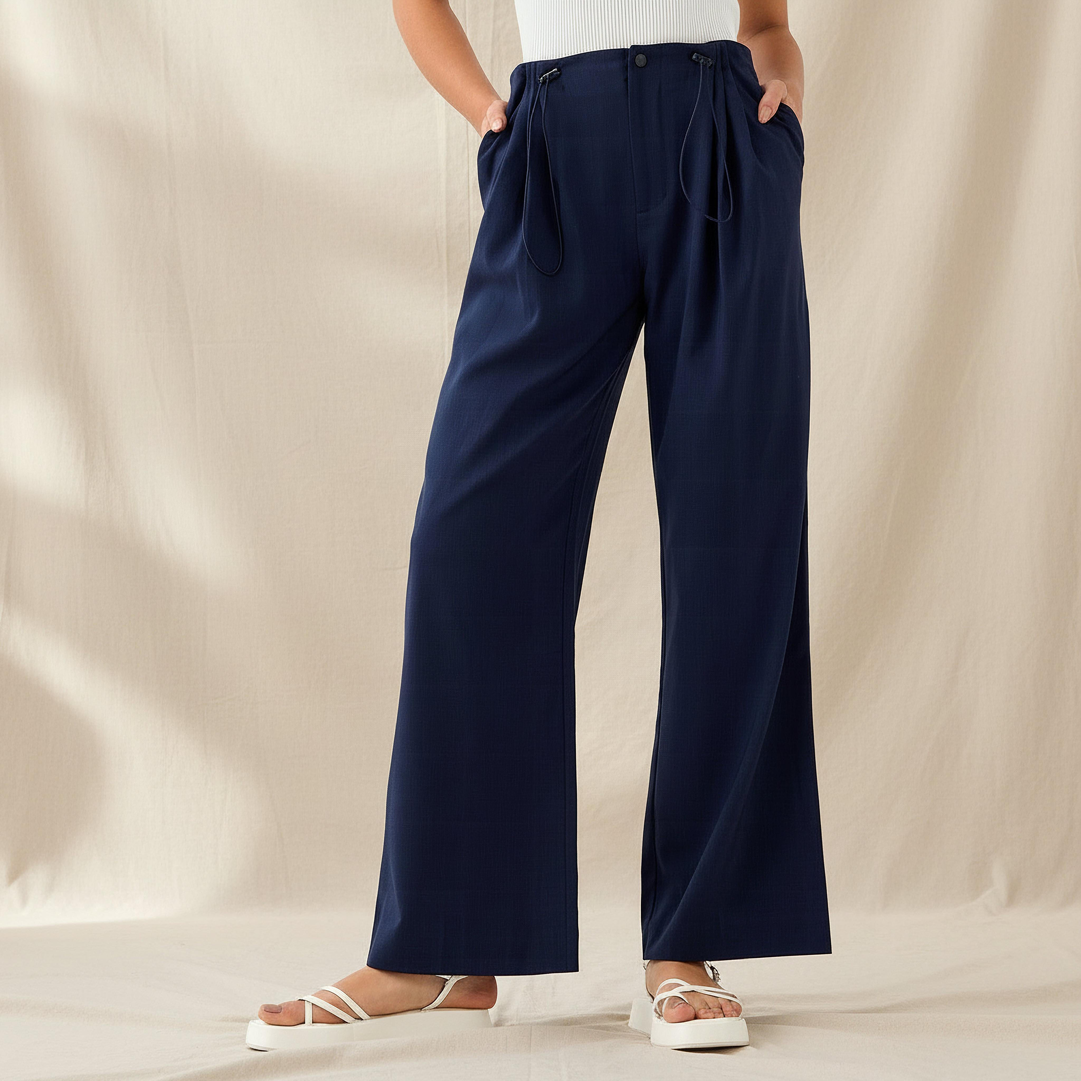 بنطلون واسع الساقين بكسرات وزر إغلاق-women-clothing-coordsets-image-6