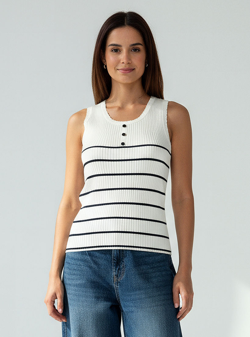 بلوزة تانك مخططة بتفاصيل مضلعة-women-clothing-tshirts-image-1