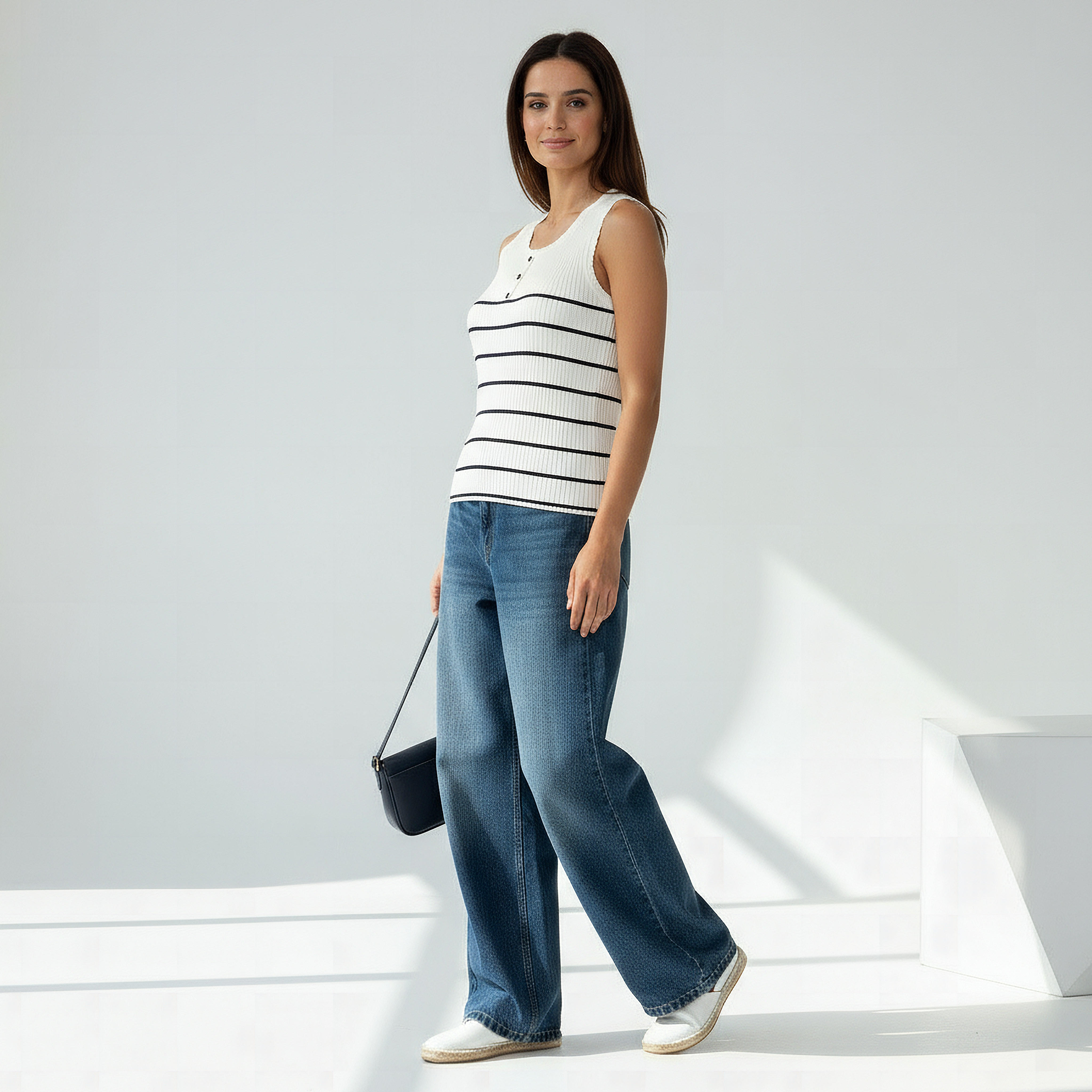 بلوزة تانك مخططة بتفاصيل مضلعة-women-clothing-tshirts-image-2