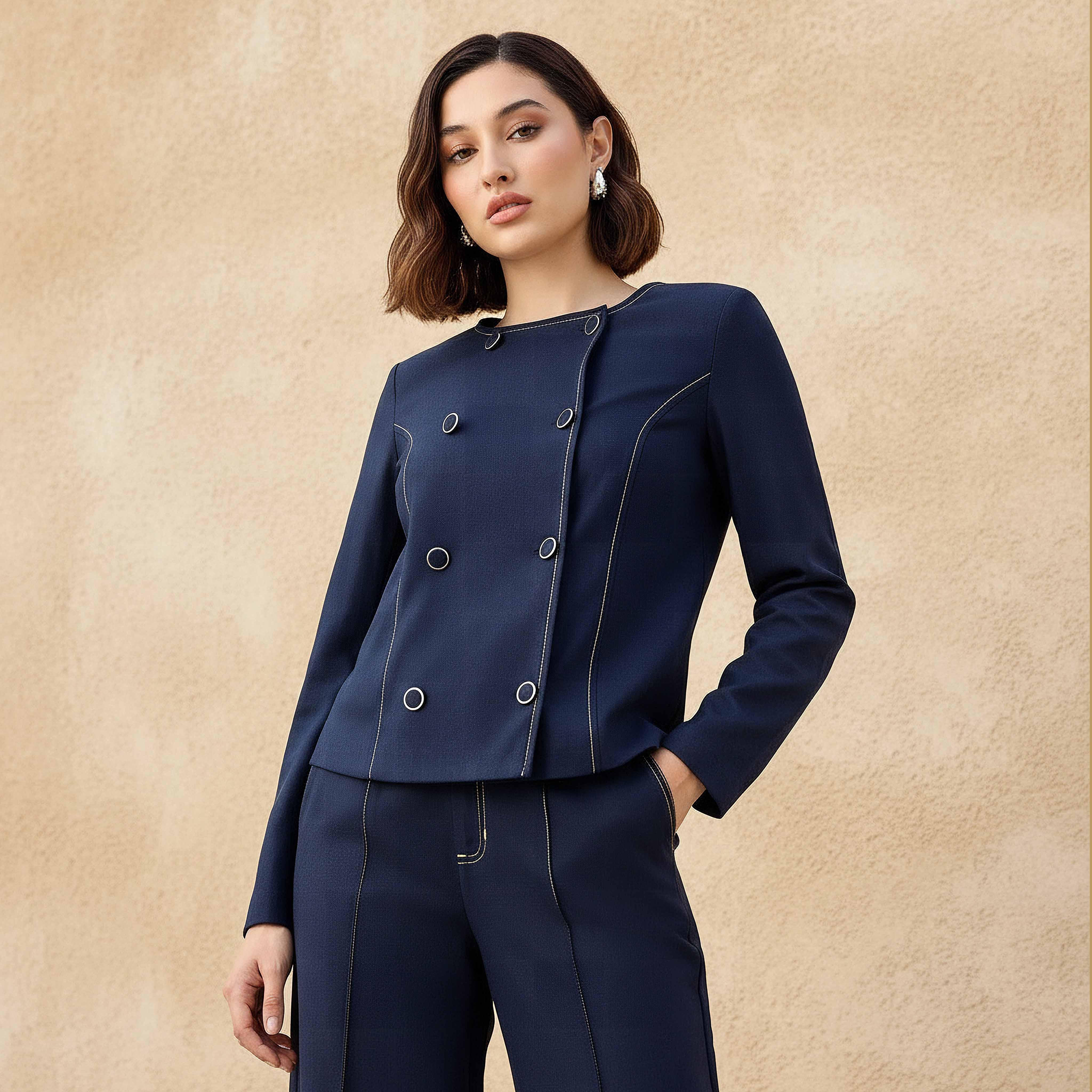 Linen Blend Double Button Jacket-women-clothing-coordsets-image-1